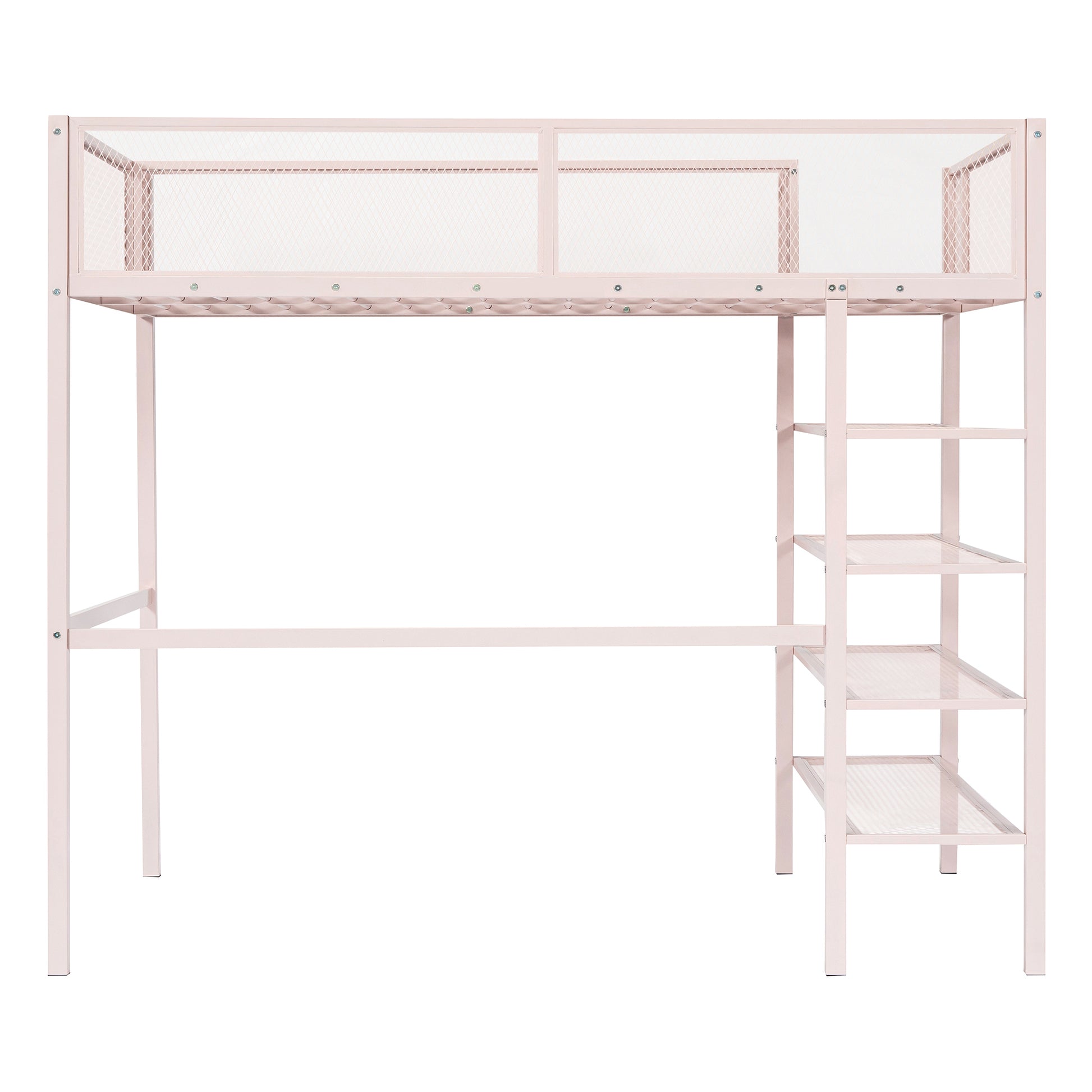 Twin Size Metal Loft Bed With 4 Tier Shelves And Storage, Pink Pink Metal
