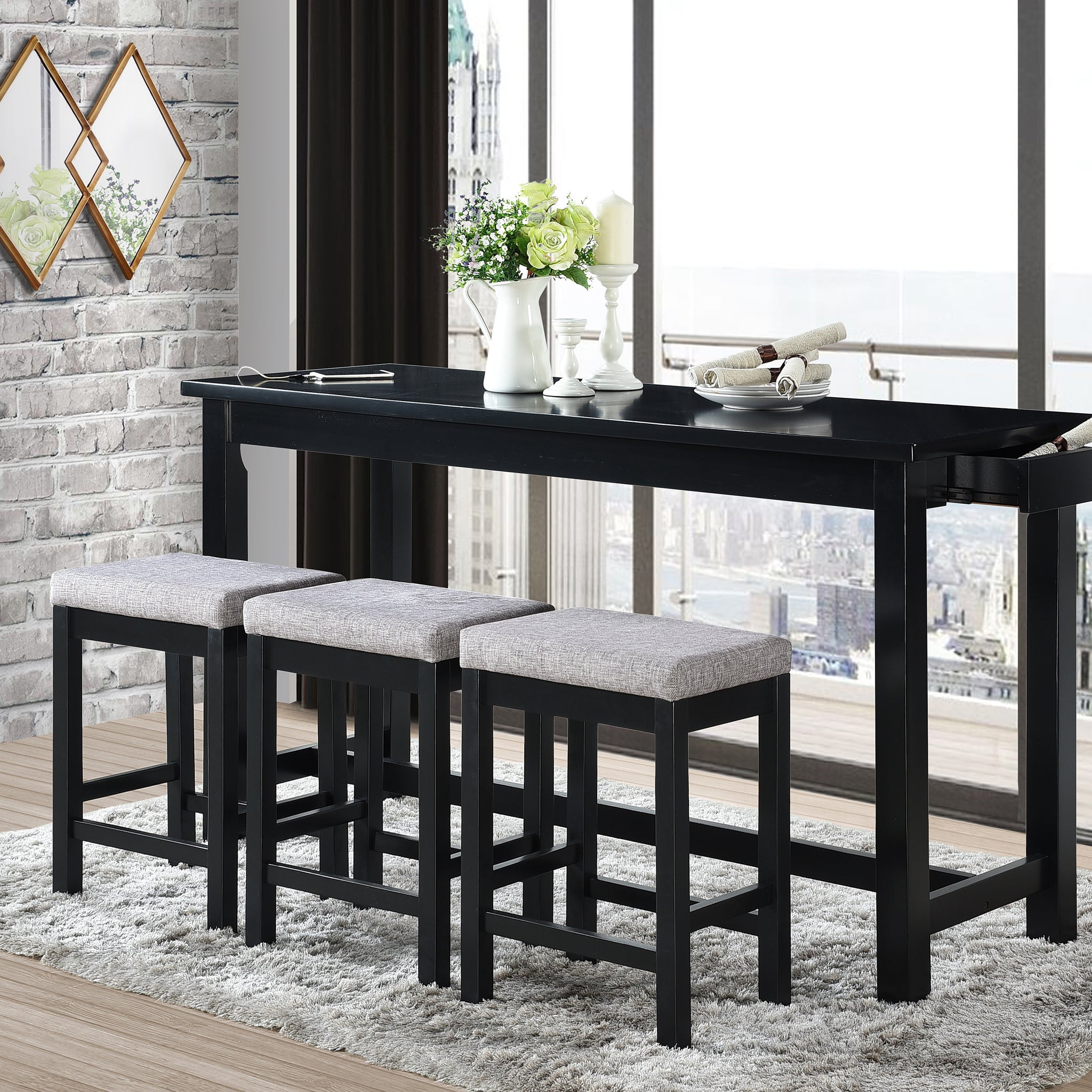 4Pc Counter Height Dining Set Black Finish Counter Height Table W Drawer Built In Usb Ports Power Outlets And 3 Stools Casual Dining Furniture Wood Wood Black Wood Dining Room Casual,Transitional Rectangular Dining Table With Chair Wood
