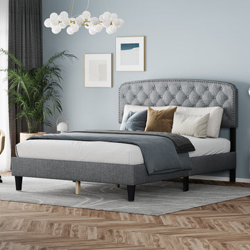 Queen Size Adjustable Headboard With Fine Linen Upholstery And Button Tufting For Bedroom, Wave Top Light Grey Light Grey Wood