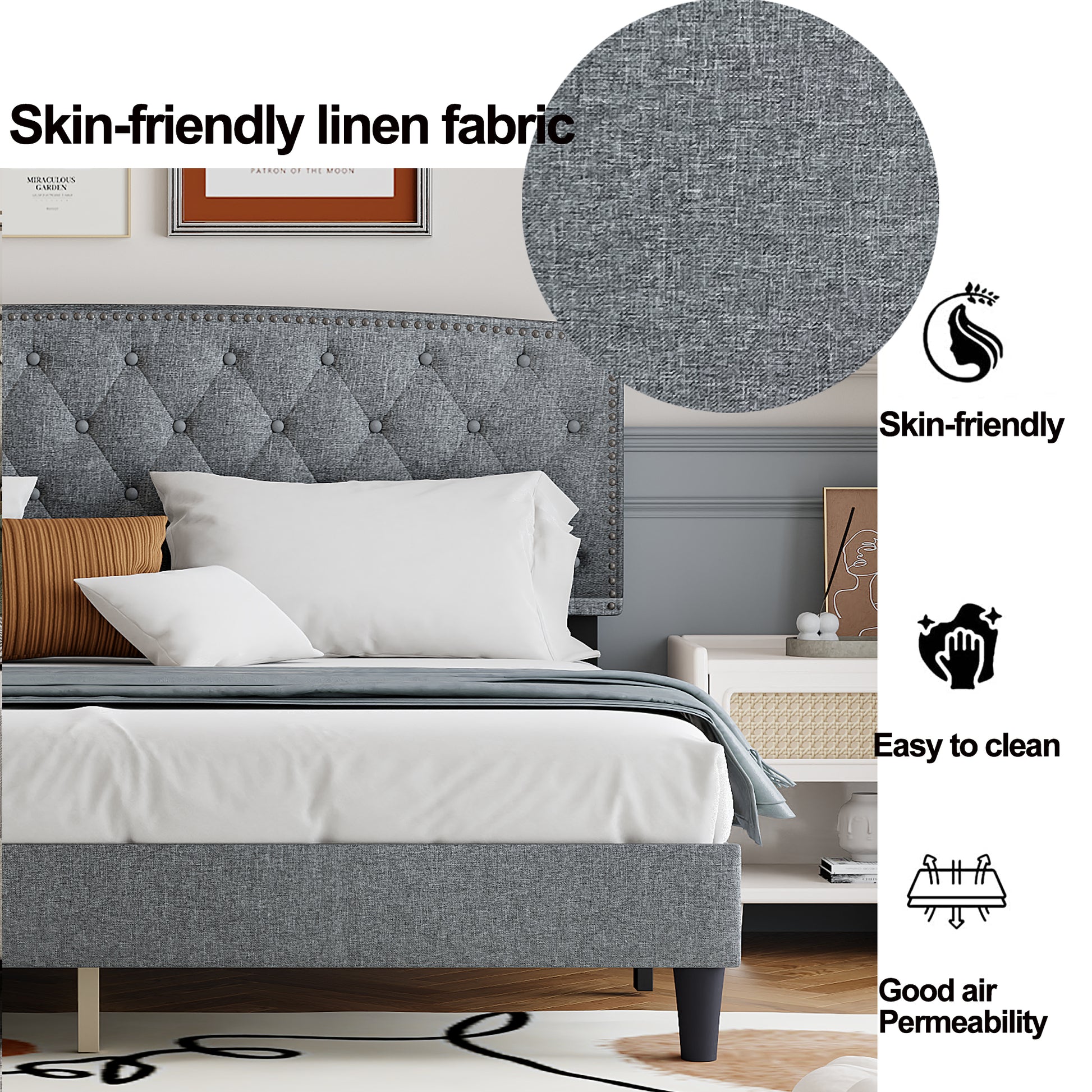 King Size Adjustable Headboard With Fine Linen Upholstery And Button Tufting For Bedroom, Wave Top Light Grey Light Grey Wood