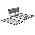 Queen Size Metal Platform Bed Frame With Twin Size Trundle, Upholstered Headboard, Sockets, Usb Ports And Slat Support, No Box Spring Needed, Black Black Metal