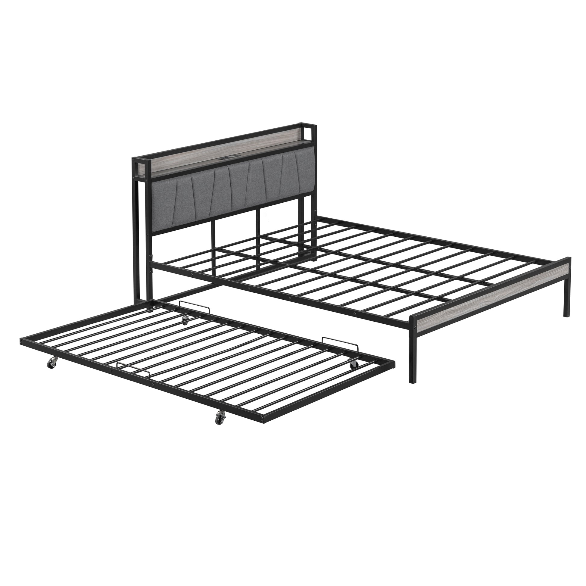 Queen Size Metal Platform Bed Frame With Twin Size Trundle, Upholstered Headboard, Sockets, Usb Ports And Slat Support, No Box Spring Needed, Black Black Metal