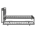 Queen Size Metal Platform Bed Frame With Twin Size Trundle, Upholstered Headboard, Sockets, Usb Ports And Slat Support, No Box Spring Needed, Black Black Metal