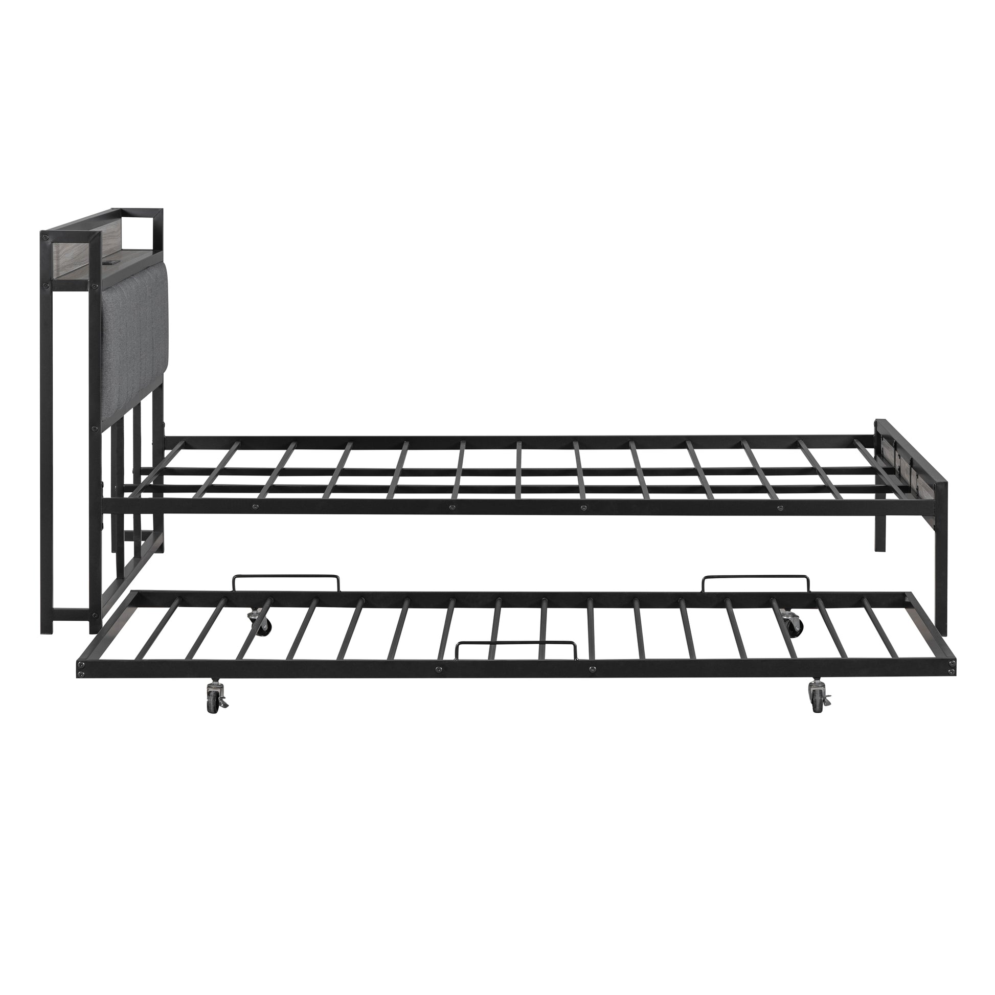 Queen Size Metal Platform Bed Frame With Twin Size Trundle, Upholstered Headboard, Sockets, Usb Ports And Slat Support, No Box Spring Needed, Black Black Metal