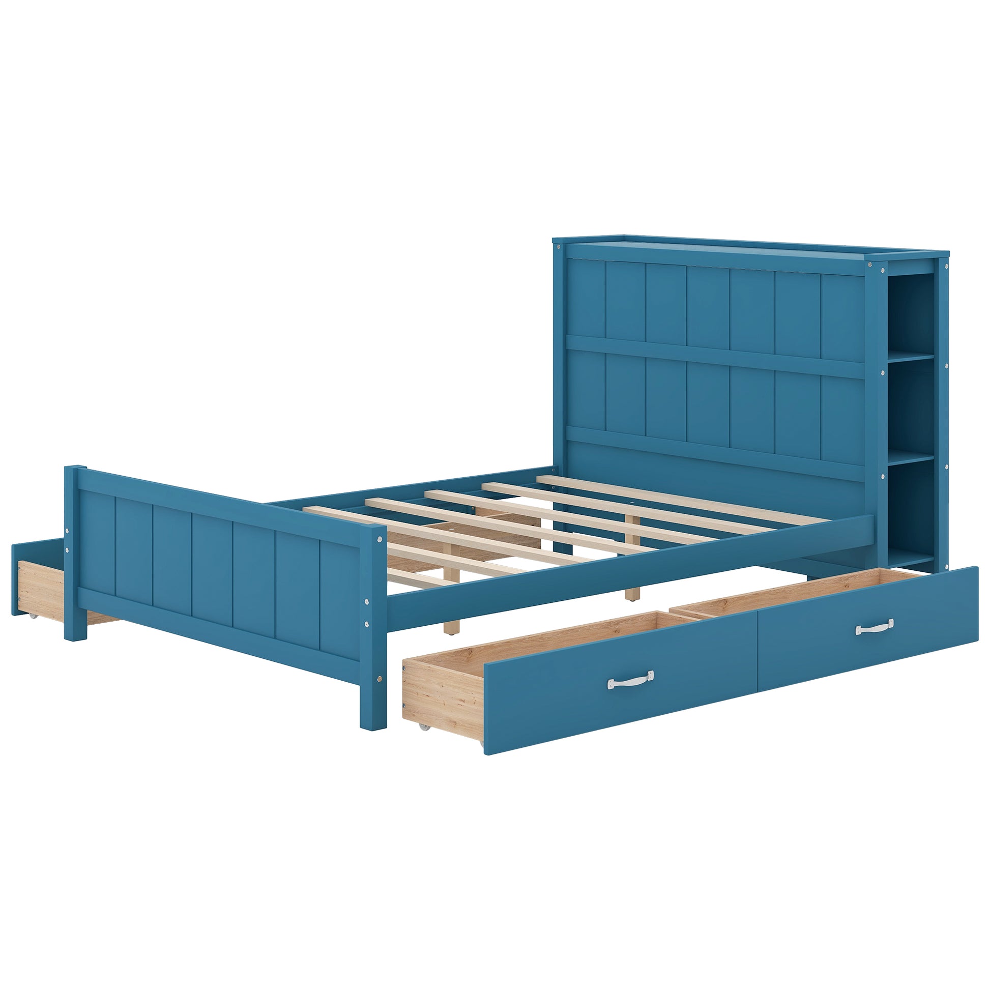Full Size Platform Bed With Drawers And Storage Shelves, Blue Blue Solid Wood Mdf