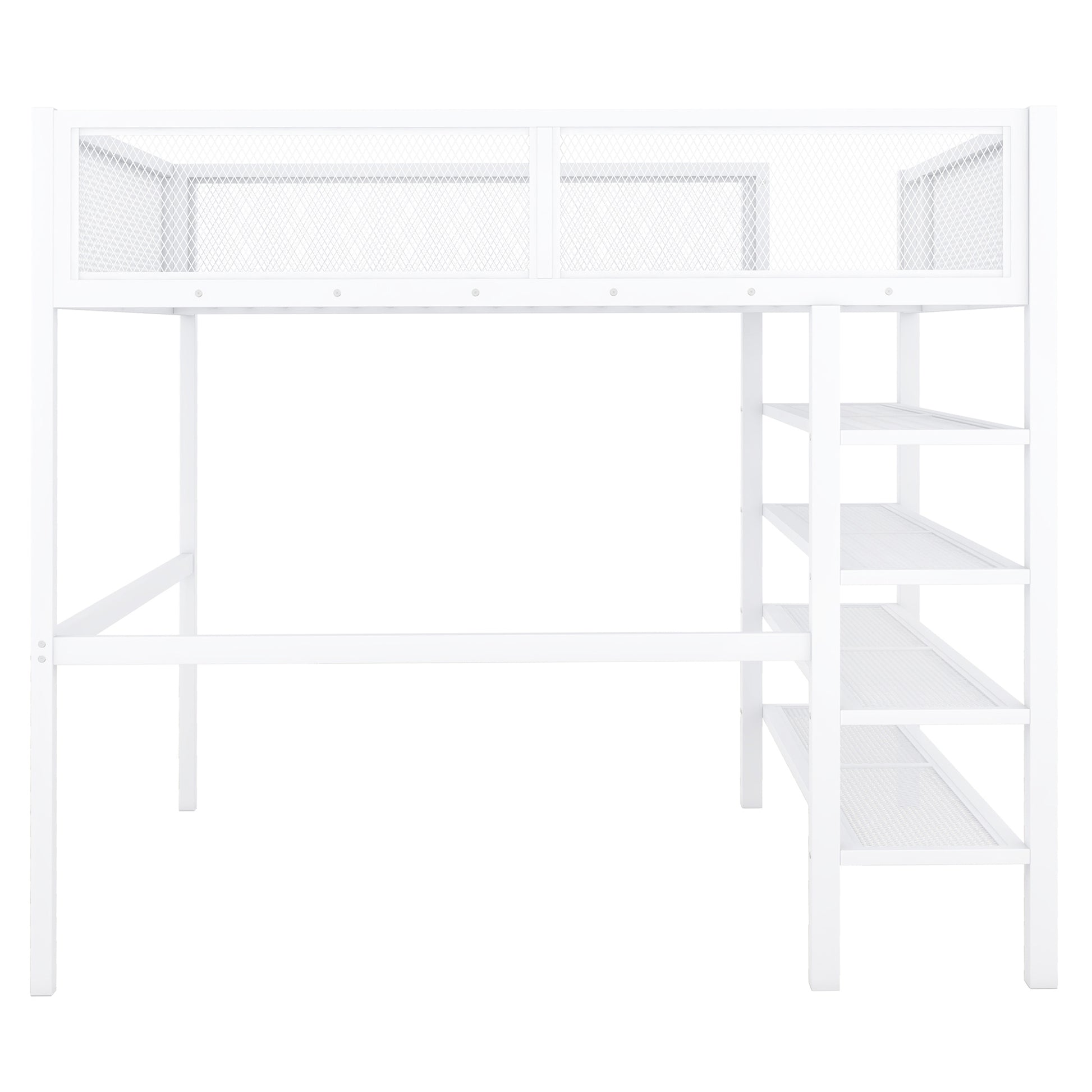 Full Size Metal Loft Bed With 4 Tier Shelves And Storage, White Full White Metal