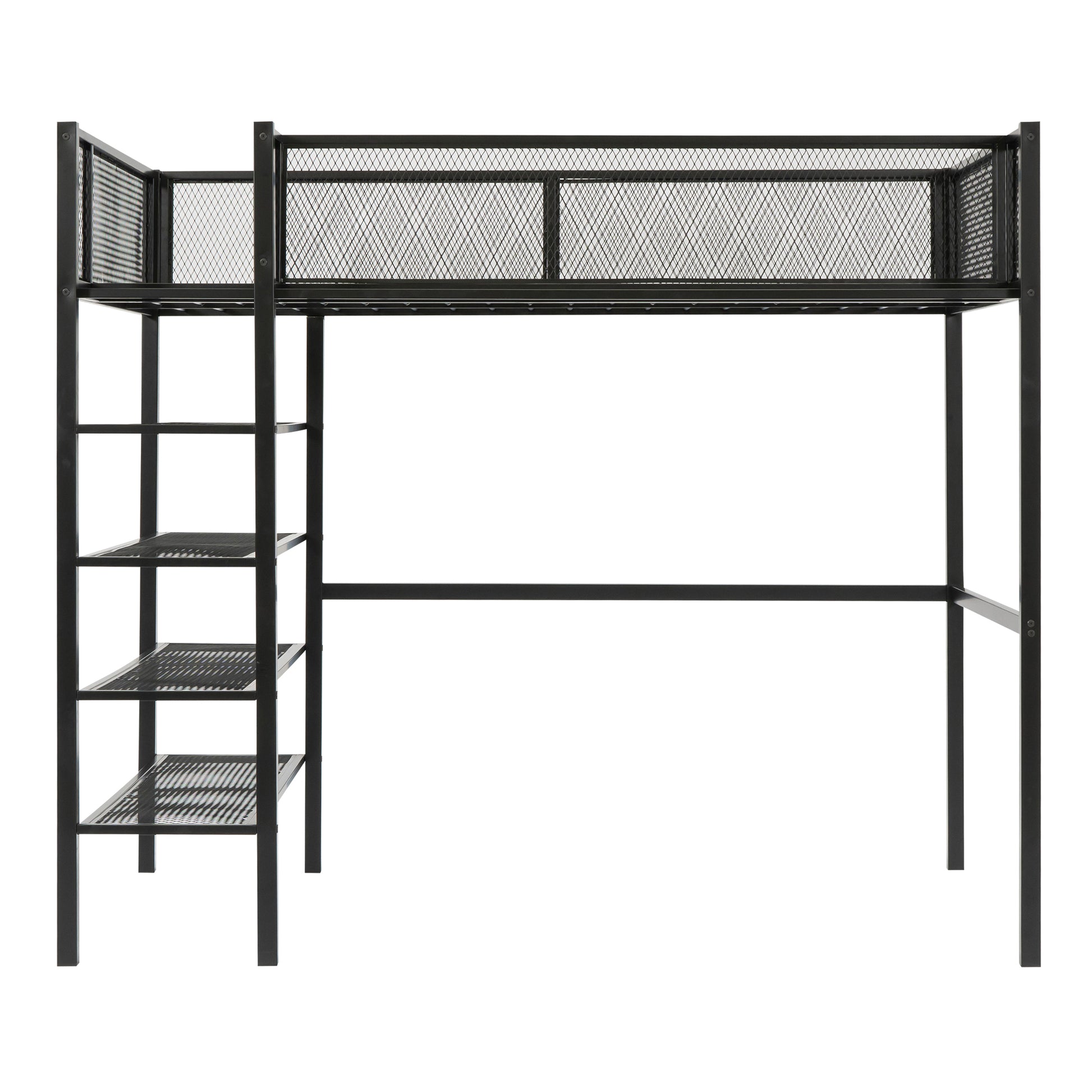 Twin Size Metal Loft Bed With 4 Tier Shelves And Storage, Black Black Metal
