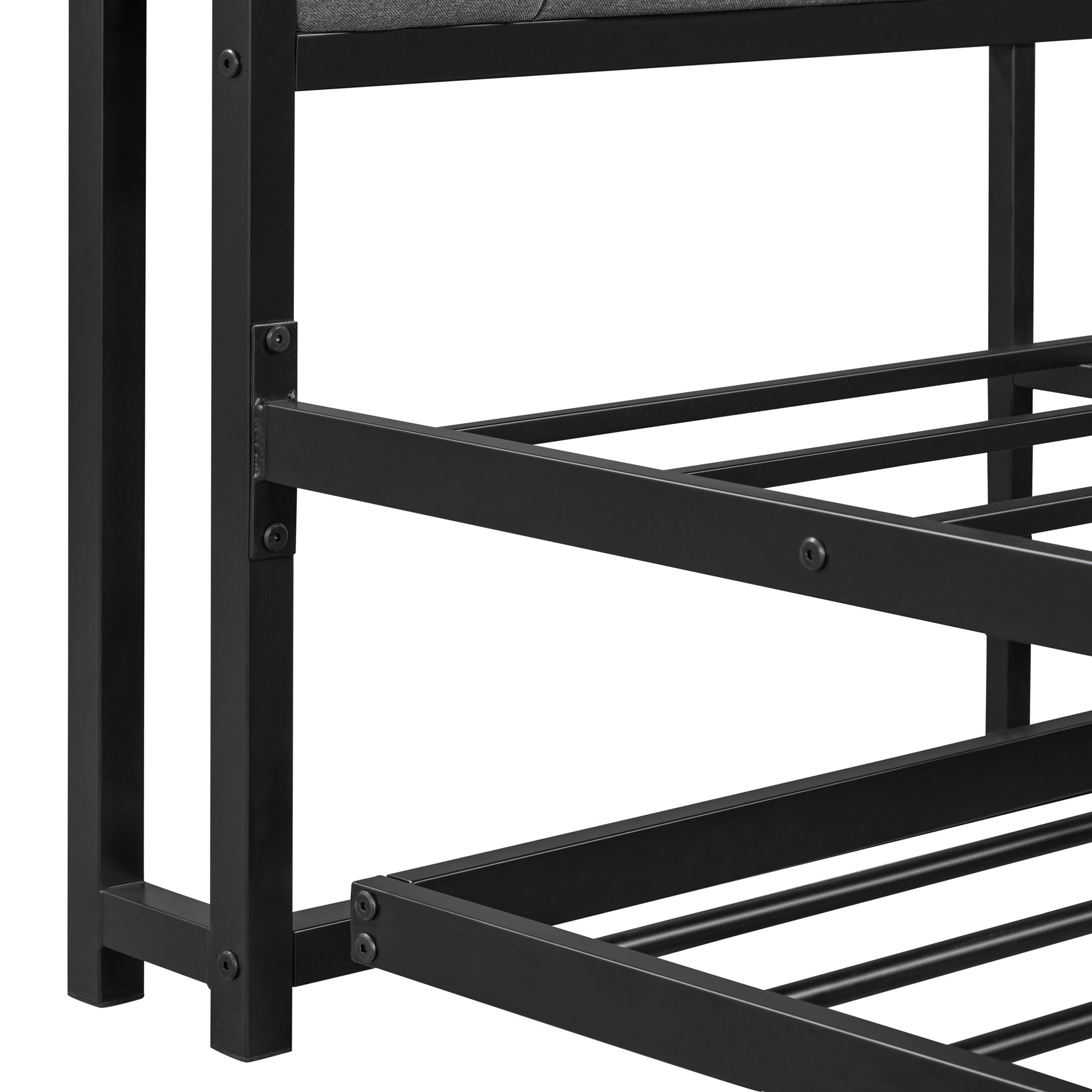 Queen Size Metal Platform Bed Frame With Twin Size Trundle, Upholstered Headboard, Sockets, Usb Ports And Slat Support, No Box Spring Needed, Black Black Metal