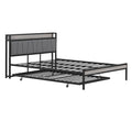 Queen Size Metal Platform Bed Frame With Twin Size Trundle, Upholstered Headboard, Sockets, Usb Ports And Slat Support, No Box Spring Needed, Black Black Metal