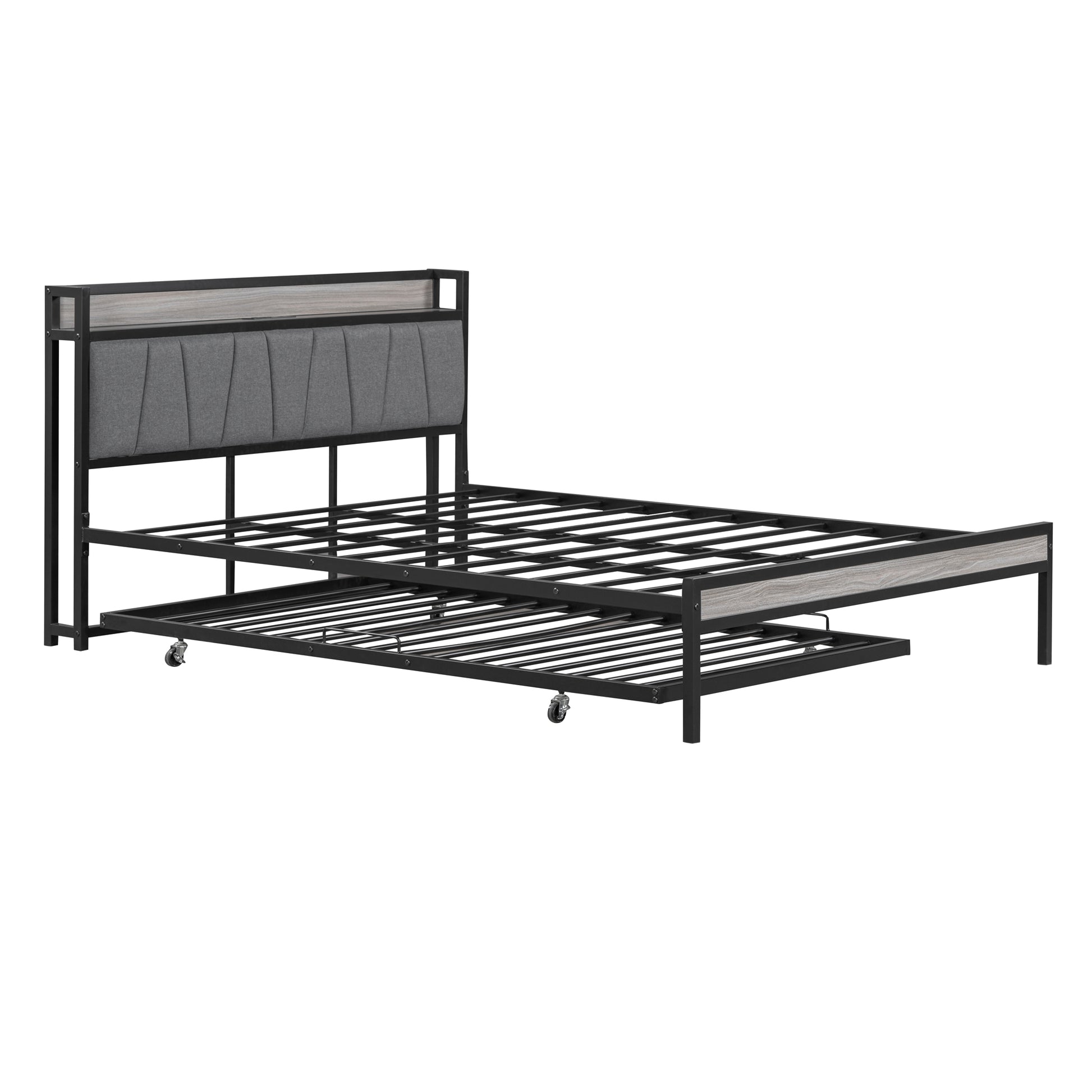 Queen Size Metal Platform Bed Frame With Twin Size Trundle, Upholstered Headboard, Sockets, Usb Ports And Slat Support, No Box Spring Needed, Black Black Metal
