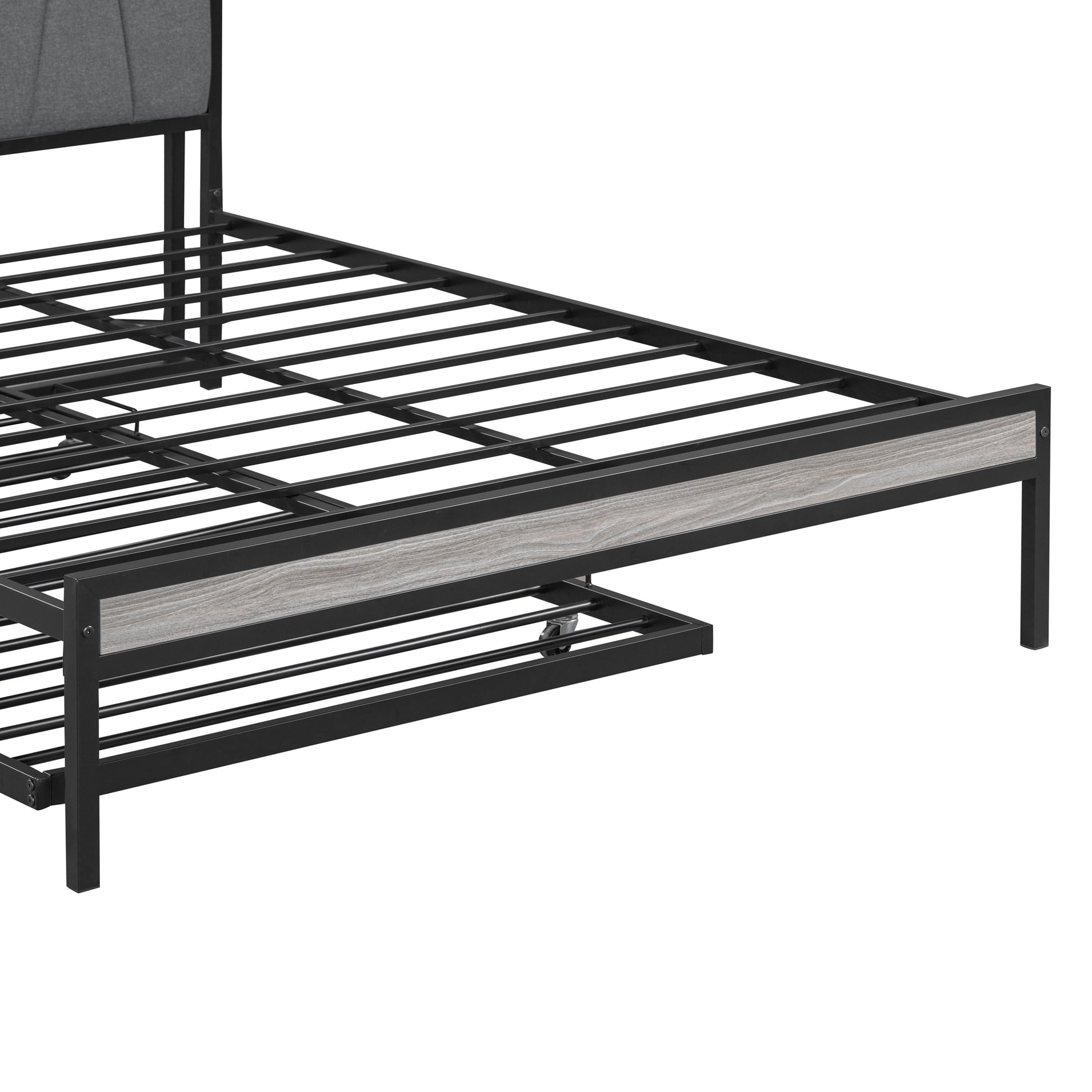 Queen Size Metal Platform Bed Frame With Twin Size Trundle, Upholstered Headboard, Sockets, Usb Ports And Slat Support, No Box Spring Needed, Black Black Metal