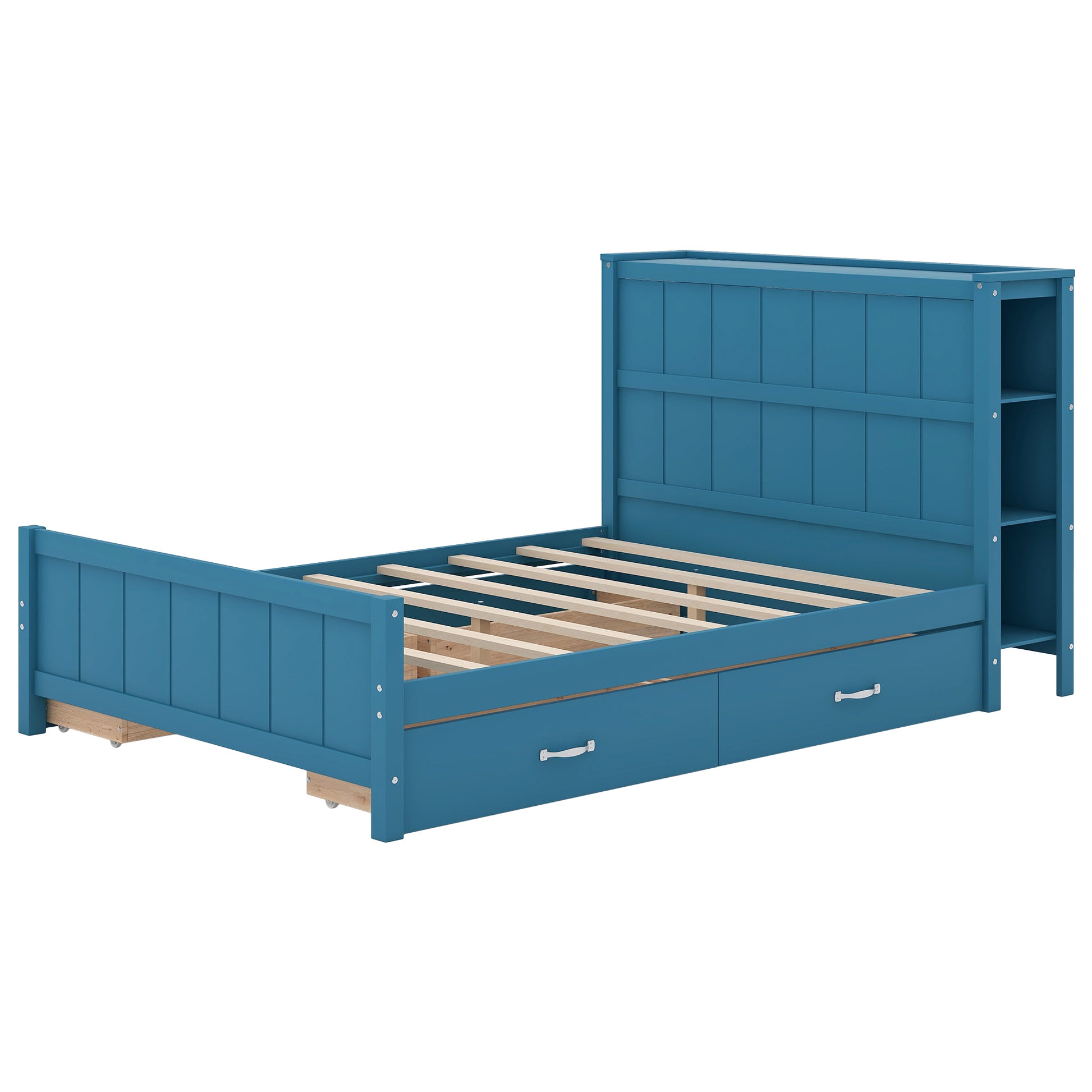 Full Size Platform Bed With Drawers And Storage Shelves, Blue Blue Solid Wood Mdf