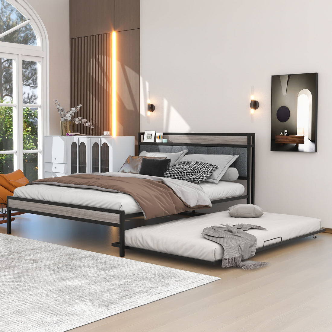 Queen Size Metal Platform Bed Frame With Twin Size Trundle, Upholstered Headboard, Sockets, Usb Ports And Slat Support, No Box Spring Needed, Black Black Metal