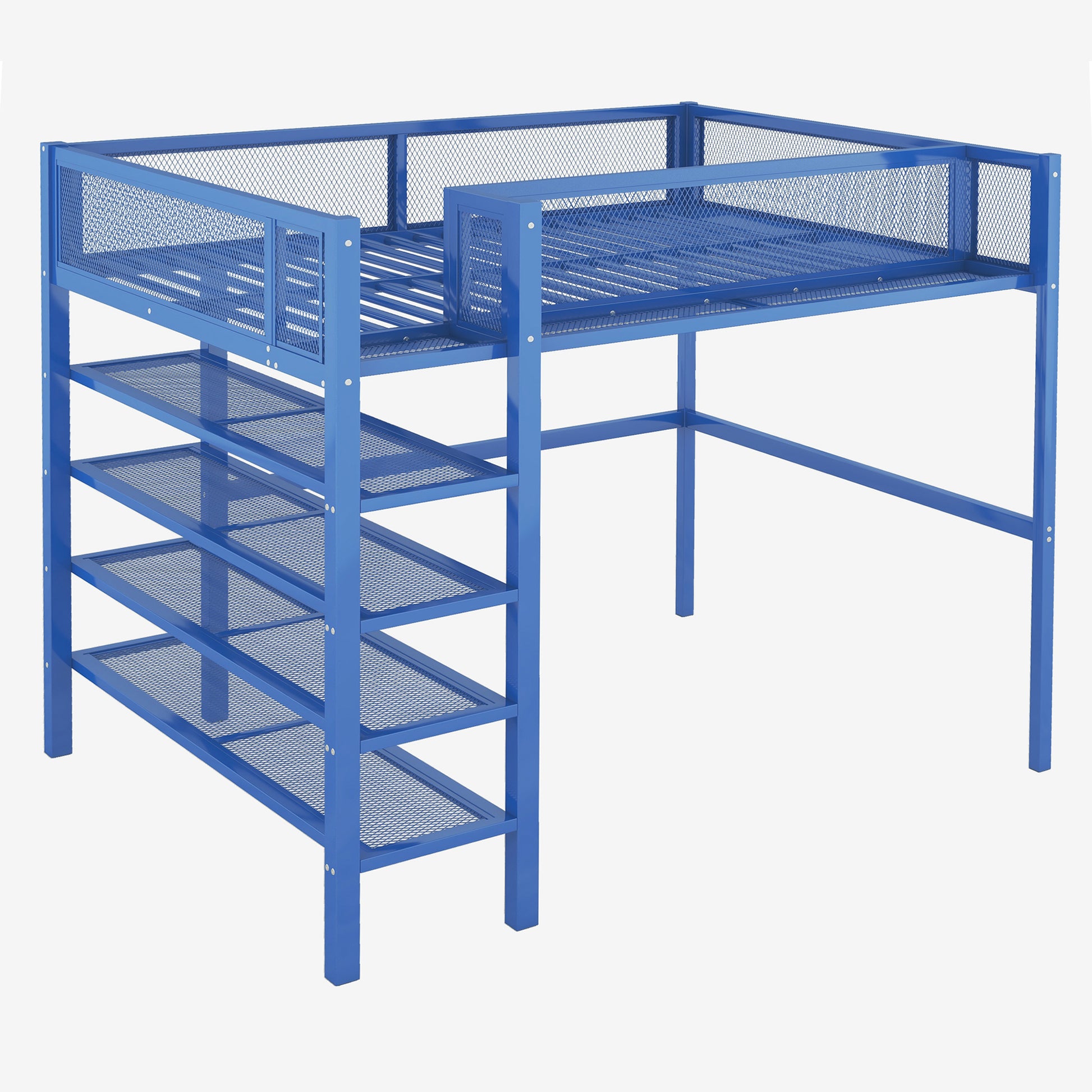 Full Size Metal Loft Bed With 4 Tier Shelves And Storage, Blue Full Blue Metal
