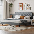 King Size Adjustable Headboard With Fine Linen Upholstery And Button Tufting For Bedroom, Wave Top Light Grey Light Grey Wood