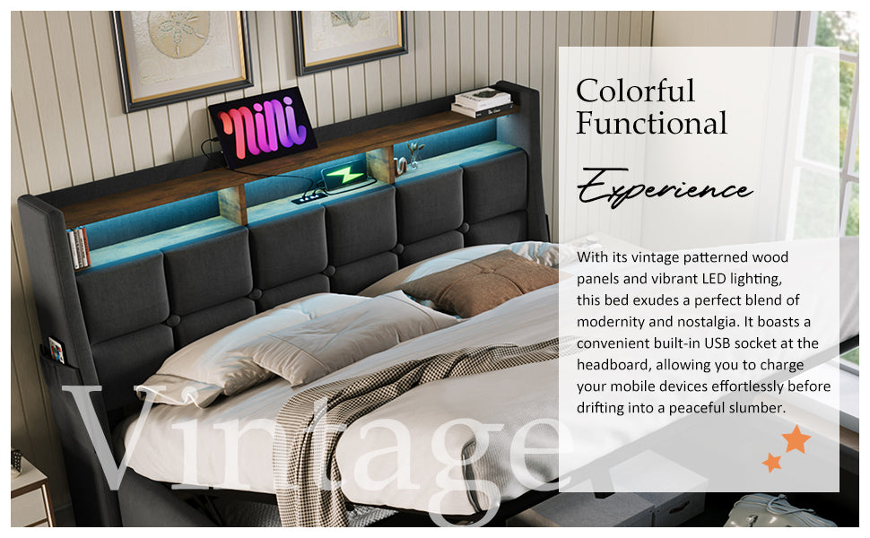 Queen Size Upholstered Platform Bed With A Hydraulic Storage System, Led And Usb Charging, Grey Without Mattress Queen Grey Metal & Wood