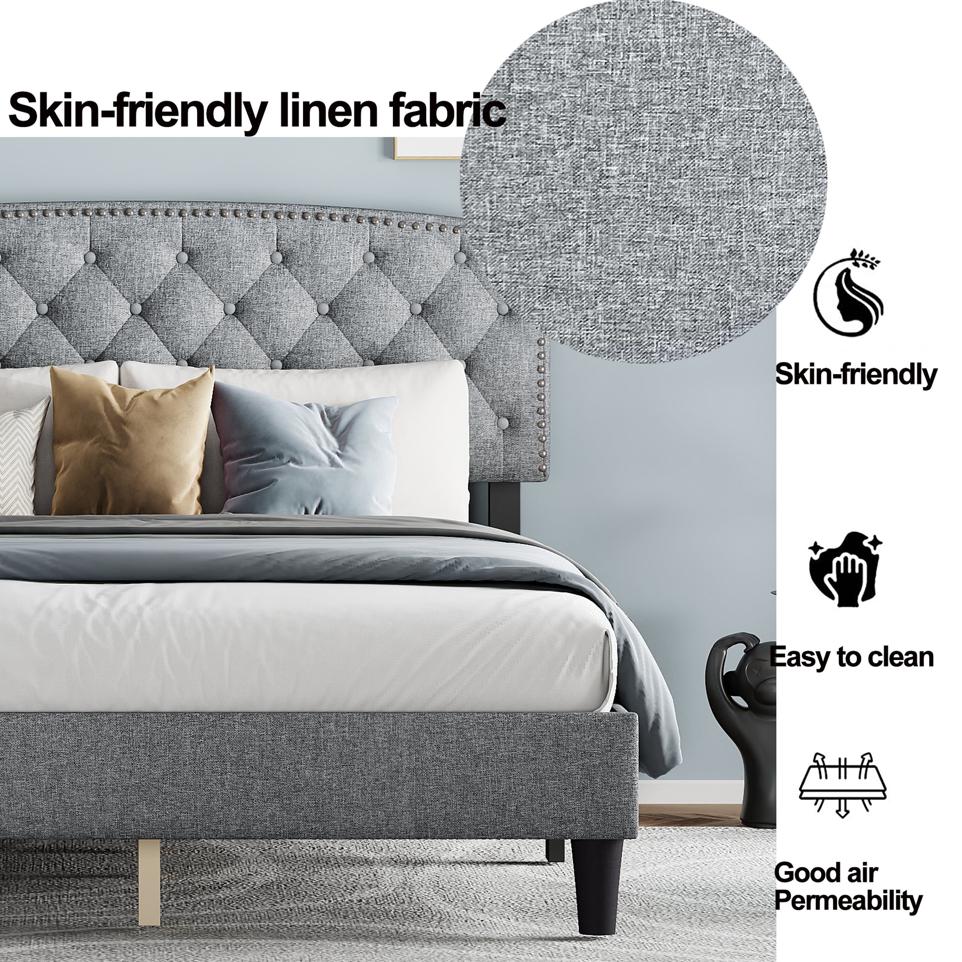 Queen Size Adjustable Headboard With Fine Linen Upholstery And Button Tufting For Bedroom, Wave Top Light Grey Light Grey Wood