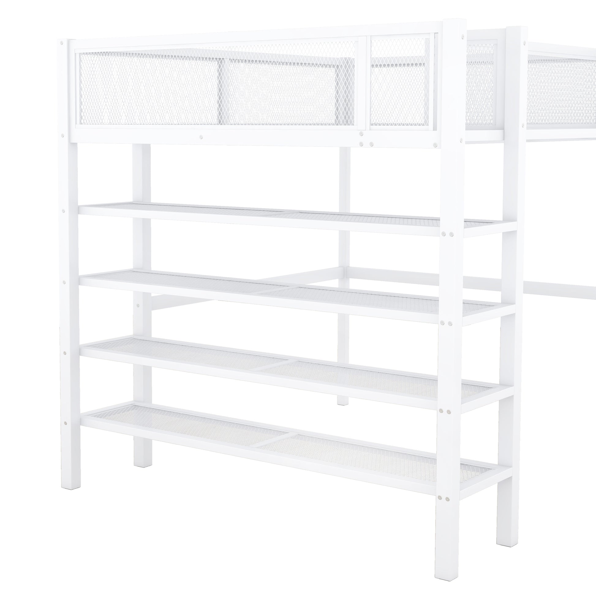 Full Size Metal Loft Bed With 4 Tier Shelves And Storage, White Full White Metal