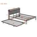 Queen Size Metal Platform Bed Frame With Twin Size Trundle, Upholstered Headboard, Sockets, Usb Ports And Slat Support, No Box Spring Needed, Black Black Metal