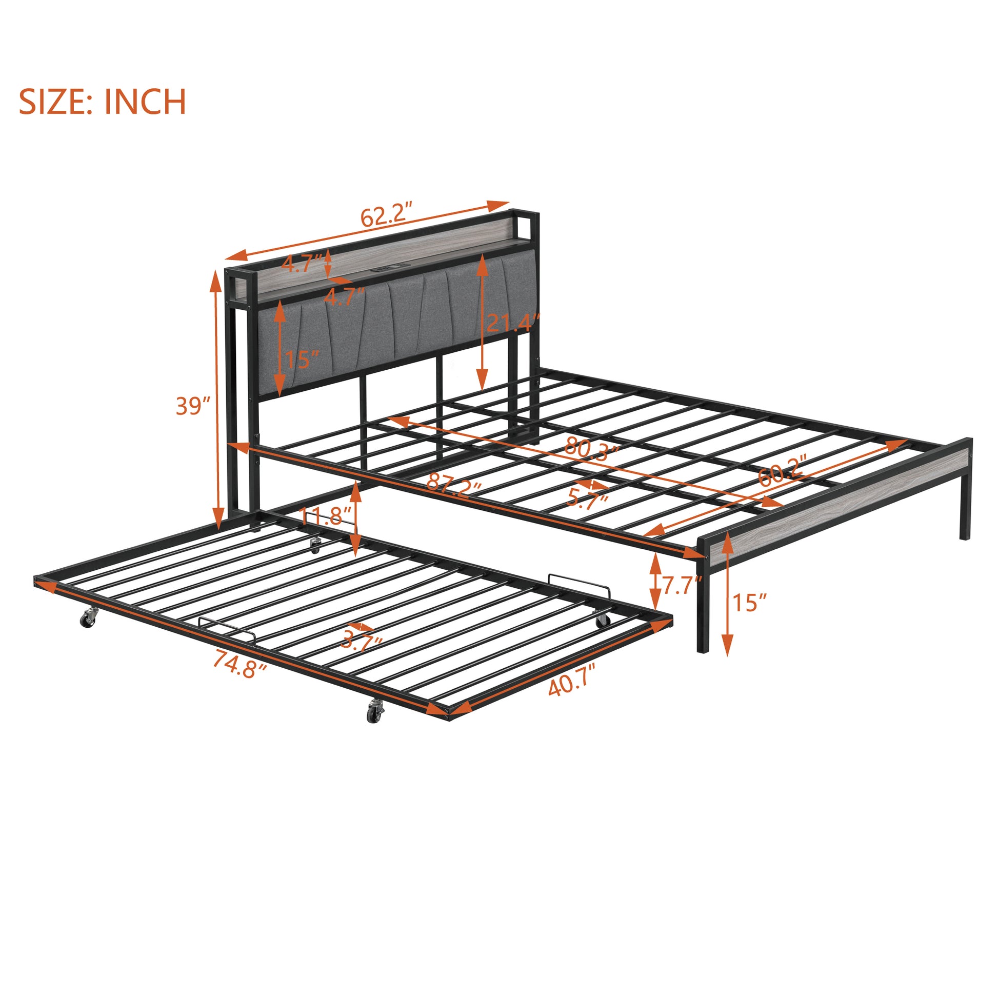 Queen Size Metal Platform Bed Frame With Twin Size Trundle, Upholstered Headboard, Sockets, Usb Ports And Slat Support, No Box Spring Needed, Black Black Metal