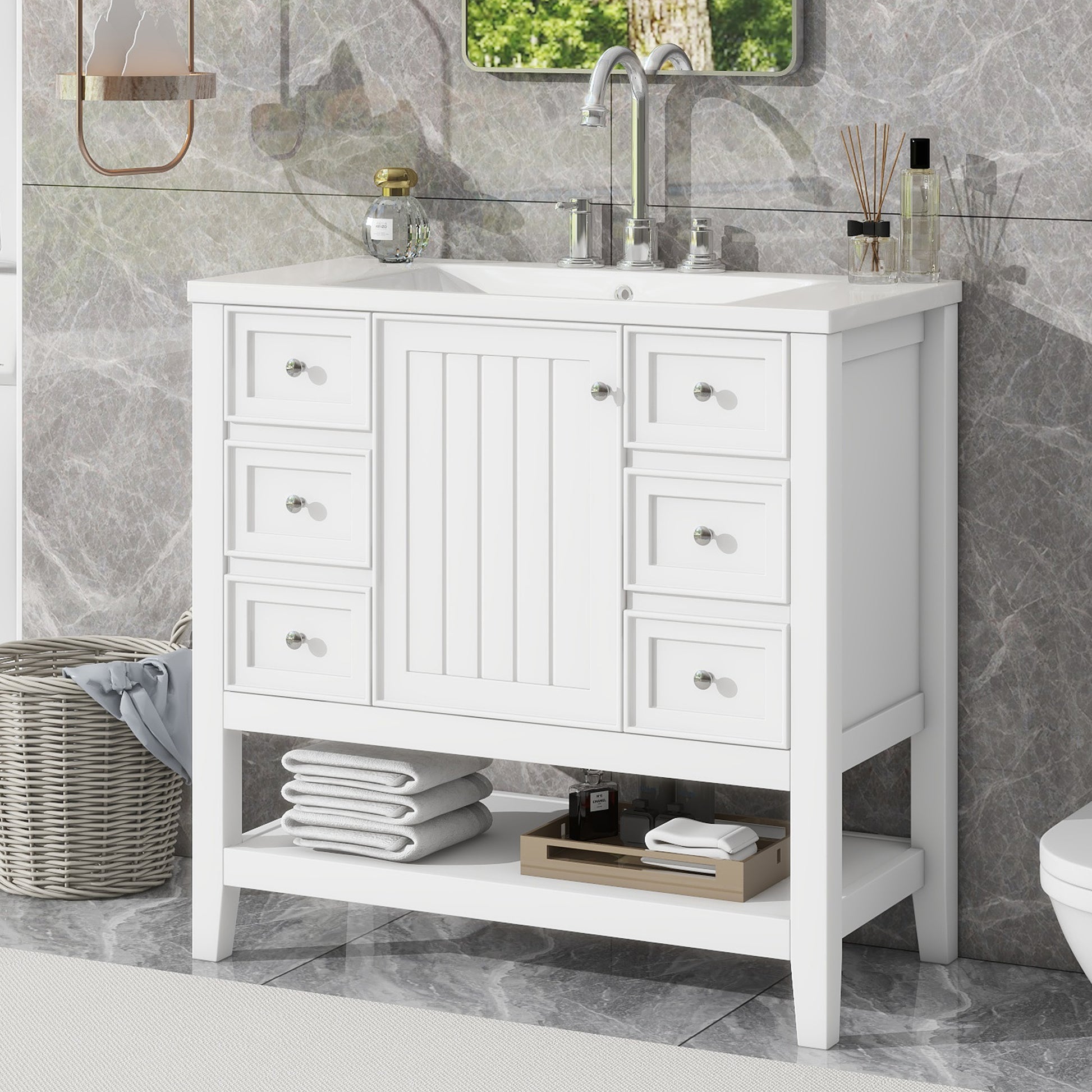 36" Bathroom Vanity With Sink Combo, One Cabinet And Three Drawers, Solid Wood And Mdf Board, White Old Sku:Sy999505Aak White Solid Wood Mdf