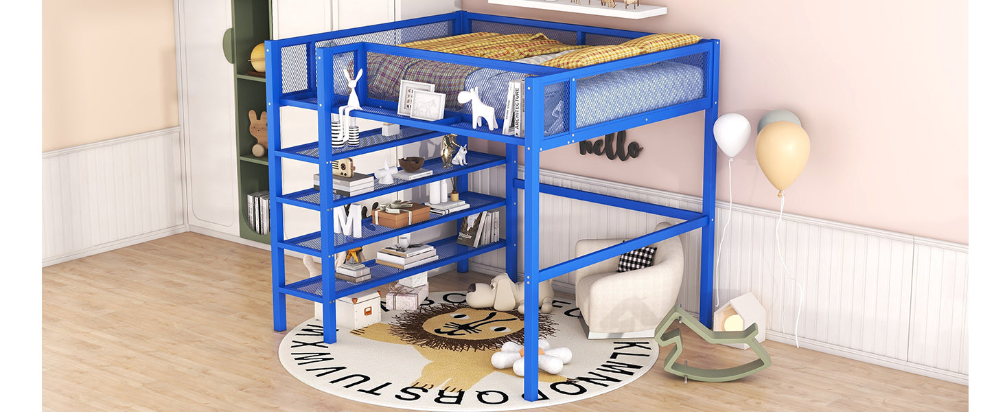 Full Size Metal Loft Bed With 4 Tier Shelves And Storage, Blue Full Blue Metal