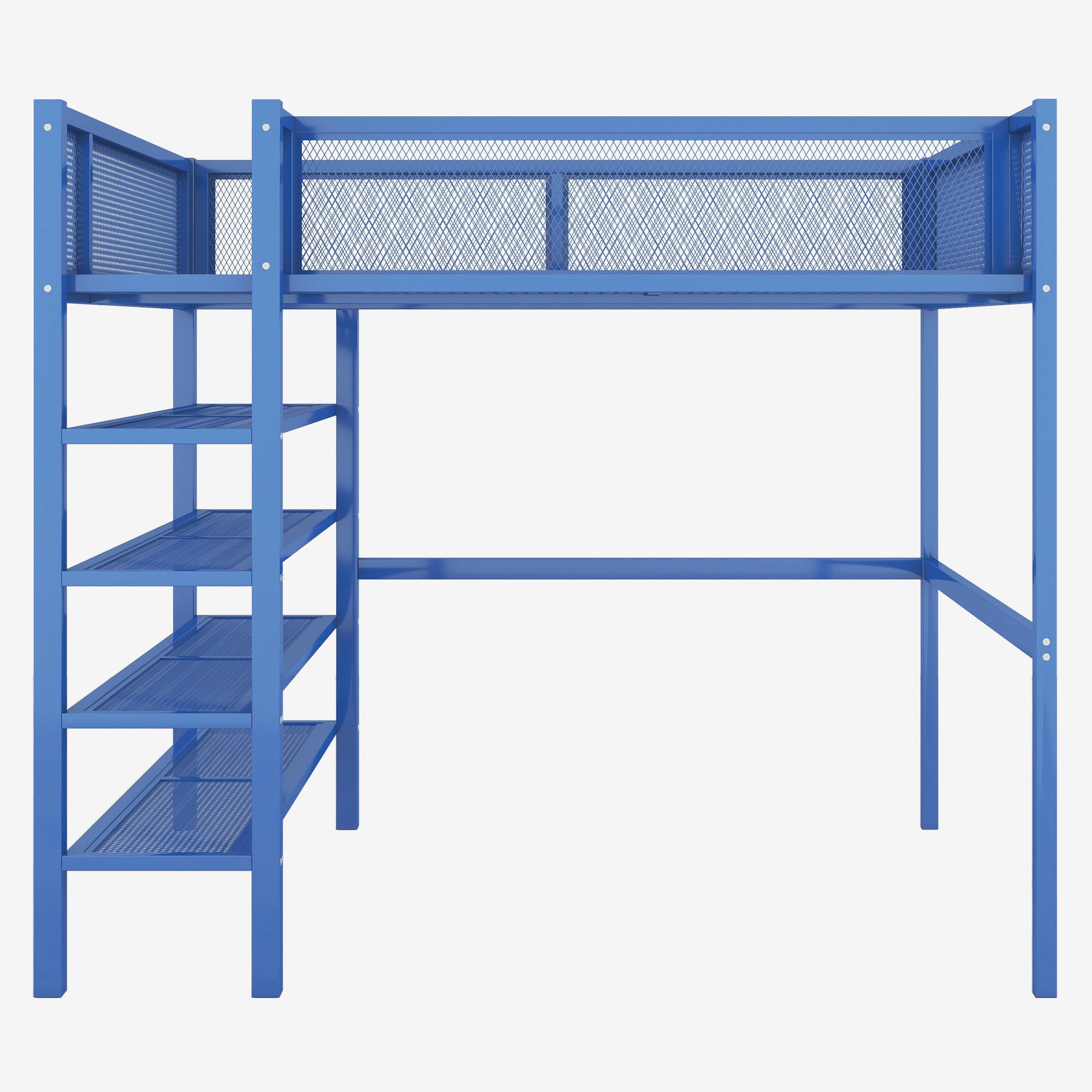 Full Size Metal Loft Bed With 4 Tier Shelves And Storage, Blue Full Blue Metal