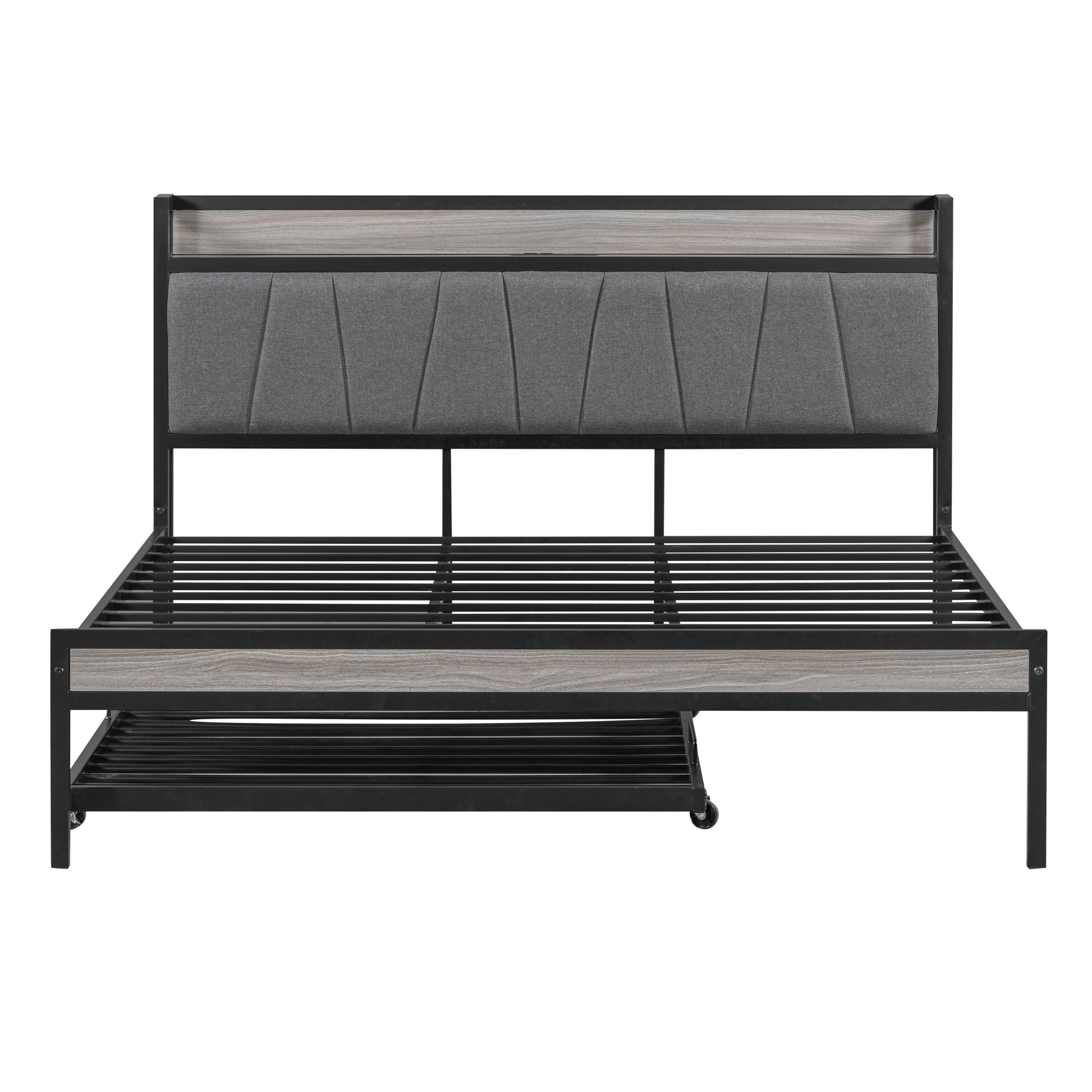 Queen Size Metal Platform Bed Frame With Twin Size Trundle, Upholstered Headboard, Sockets, Usb Ports And Slat Support, No Box Spring Needed, Black Black Metal