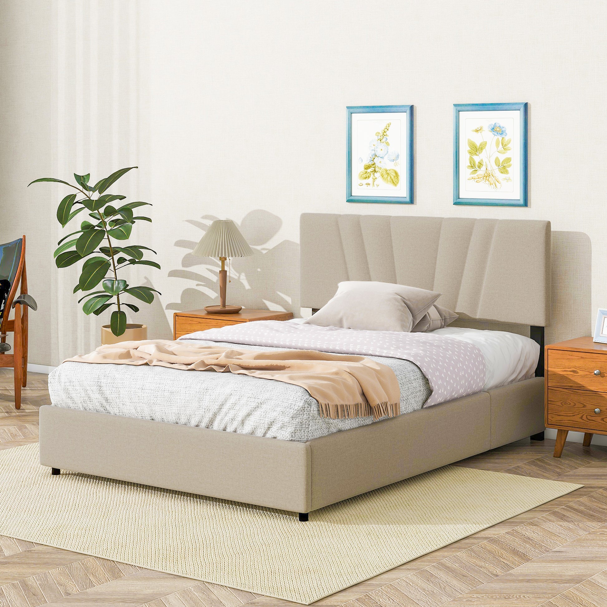 Queen Upholstered Platform Bed With Lifting Storage, Queen Size Bed Frame With Storage And Tufted Headboard,Wooden Queen Platform Bed For Kids Teens Adults,No Box Spring Needed Queen, Beige Box Spring Not Required Queen Light Beige Wood Bedroom American