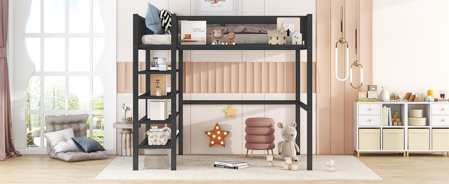 Twin Size Metal Loft Bed With 4 Tier Shelves And Storage, Black Black Metal