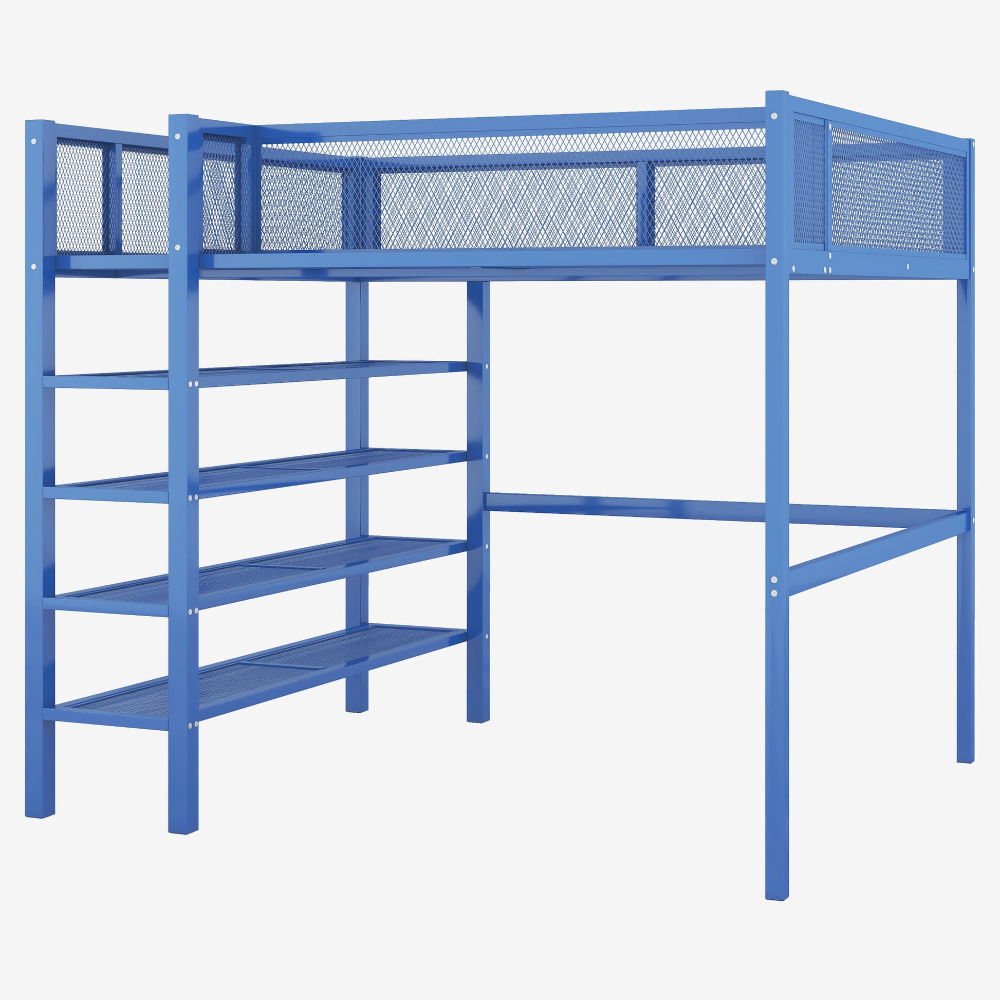 Full Size Metal Loft Bed With 4 Tier Shelves And Storage, Blue Full Blue Metal