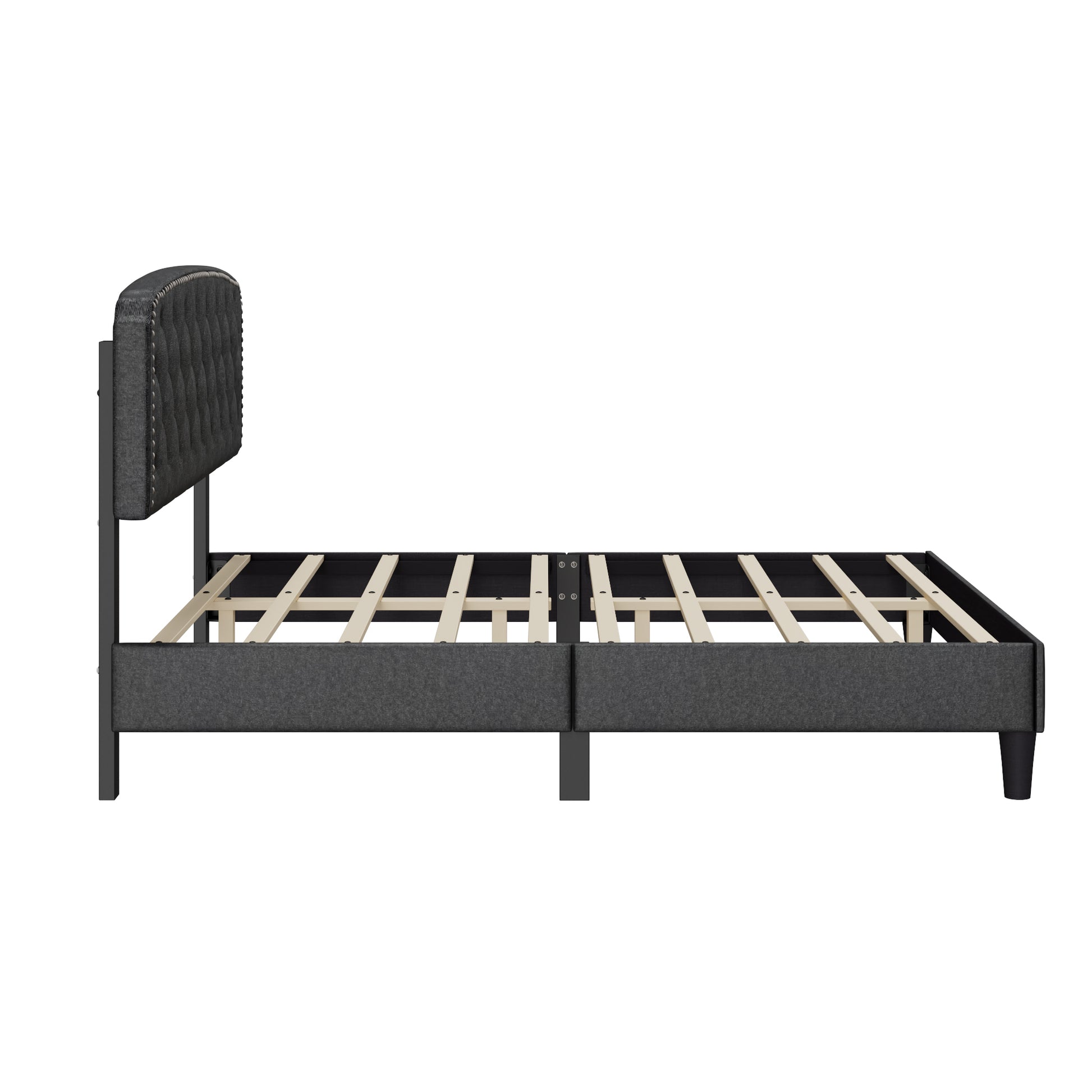 Queen Size Adjustable Headboard With Fine Linen Upholstery And Button Tufting For Bedroom, Wave Top Dark Grey Dark Grey Wood