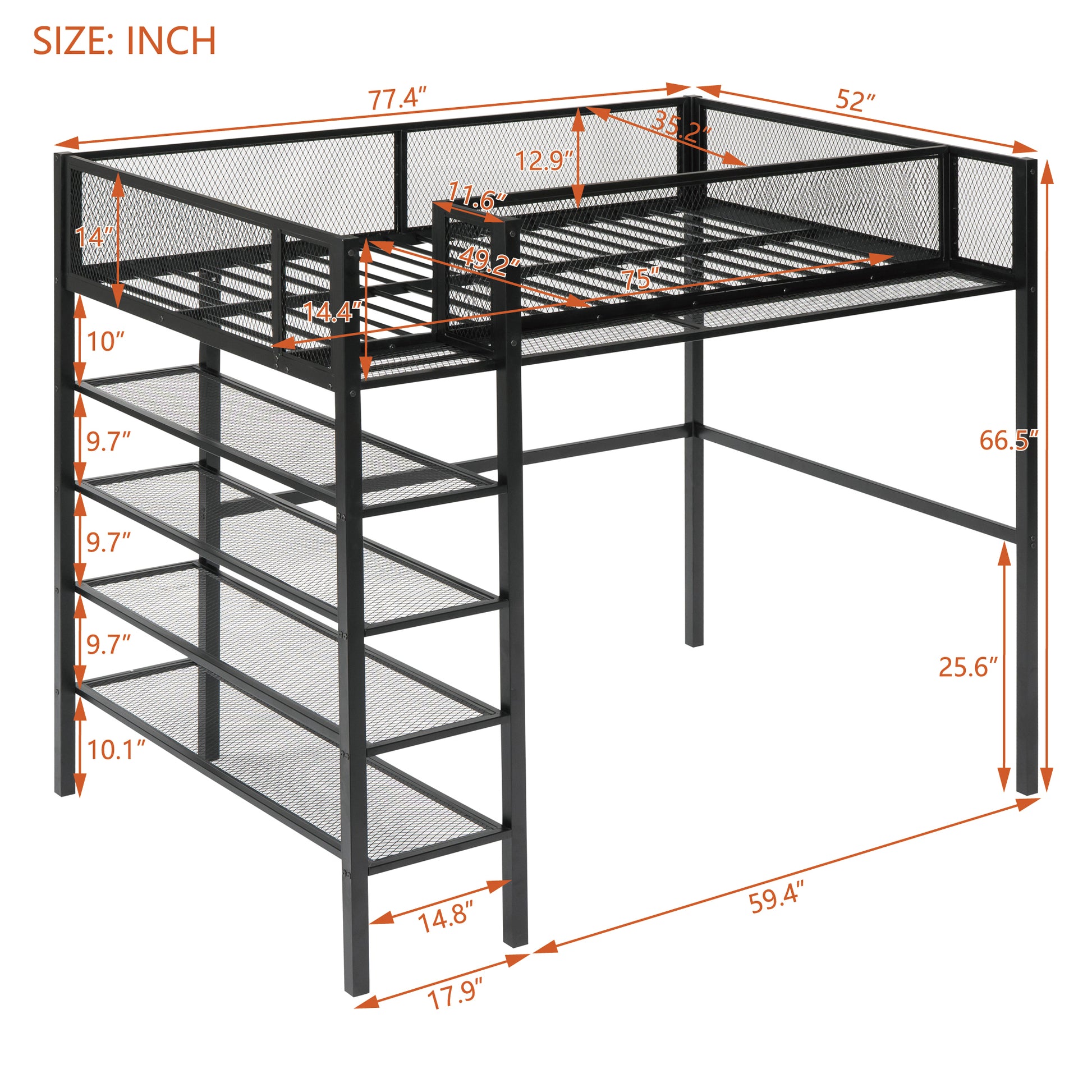 Twin Size Metal Loft Bed With 4 Tier Shelves And Storage, Black Black Metal