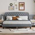 King Size Adjustable Headboard With Fine Linen Upholstery And Button Tufting For Bedroom, Wave Top Light Grey Light Grey Wood