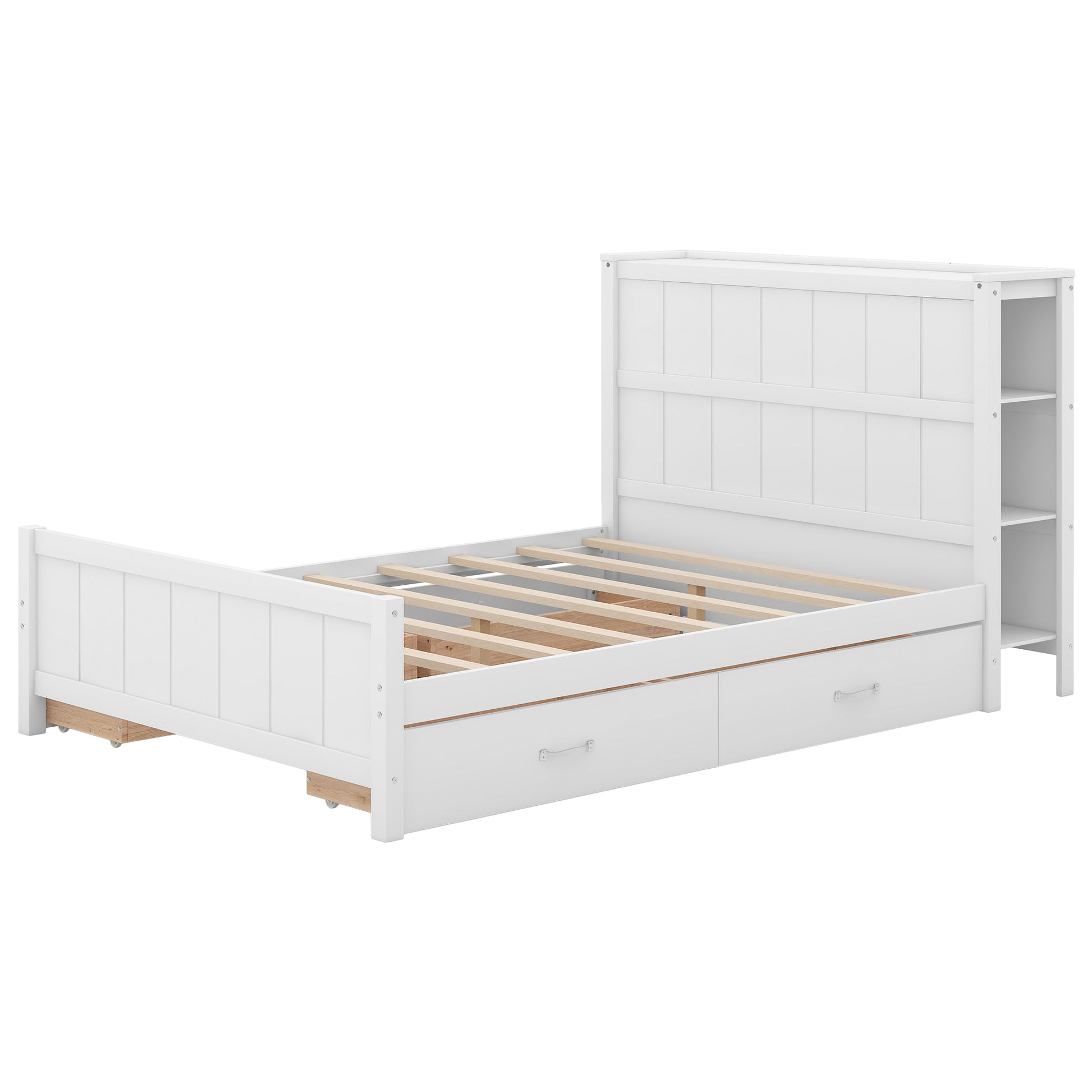 Full Size Platform Bed With Drawers And Storage Shelves, White White Solid Wood Mdf