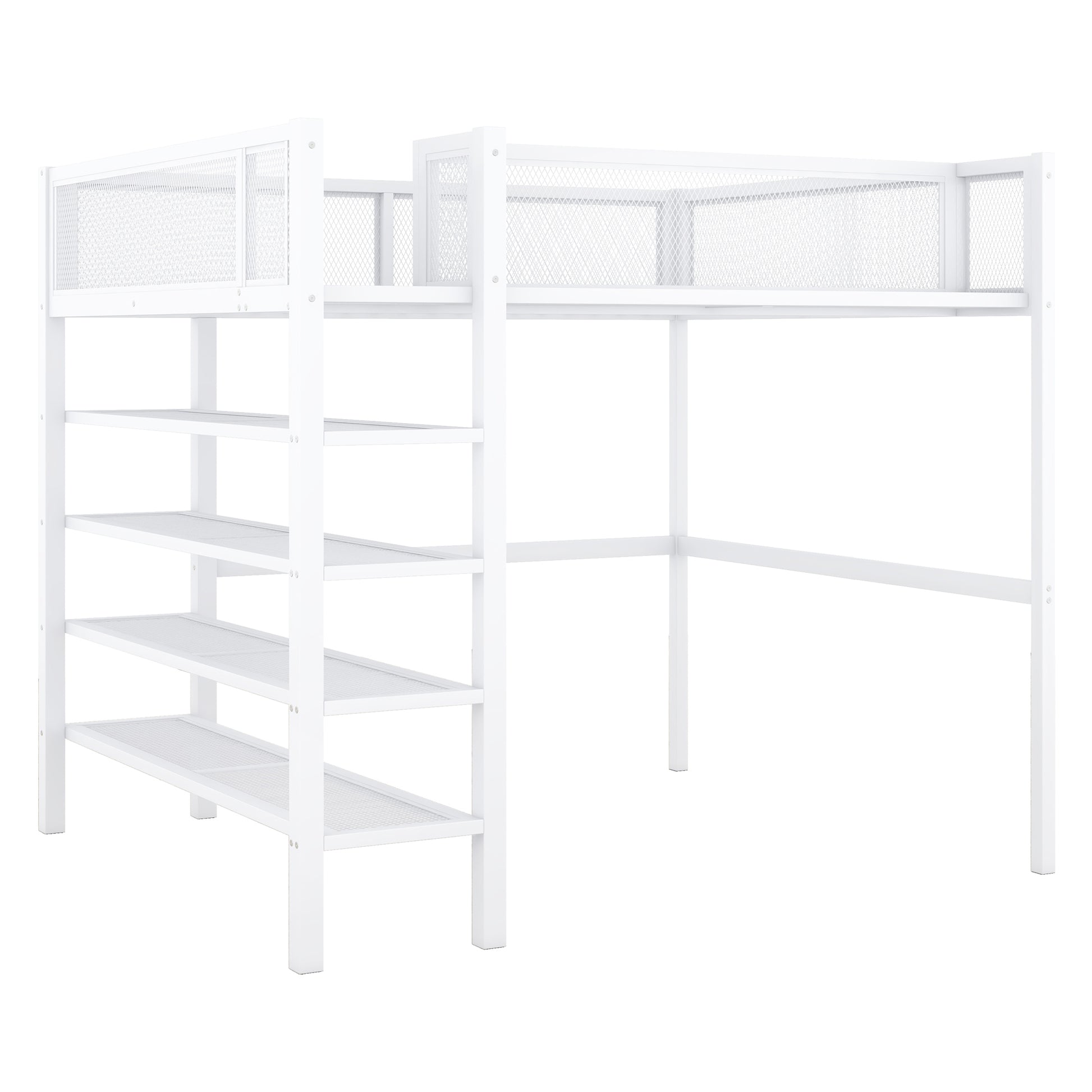 Full Size Metal Loft Bed With 4 Tier Shelves And Storage, White Full White Metal