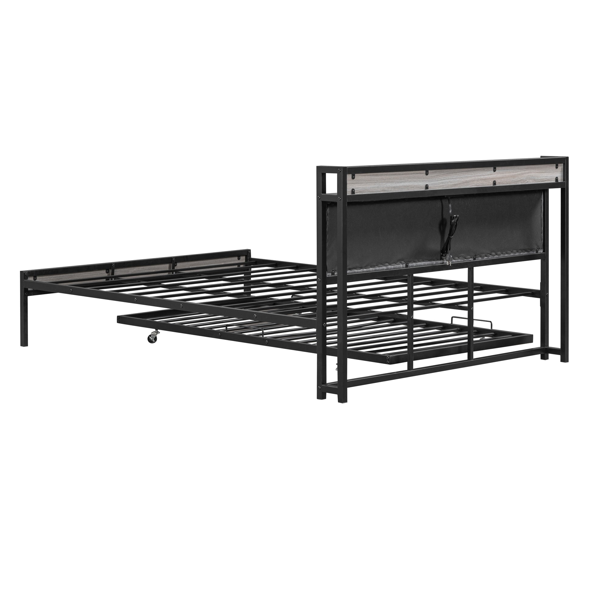 Queen Size Metal Platform Bed Frame With Twin Size Trundle, Upholstered Headboard, Sockets, Usb Ports And Slat Support, No Box Spring Needed, Black Black Metal