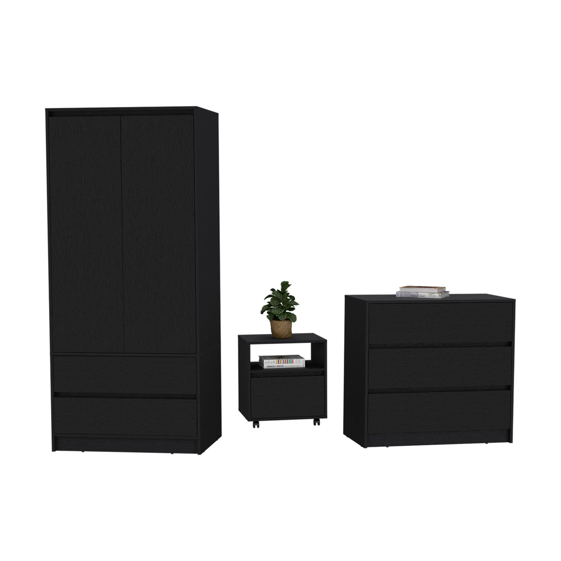 Beloit 3 Piece Bedroom Set, Nightstand Dresser Armoire, Black Black Particle Board Engineered Wood