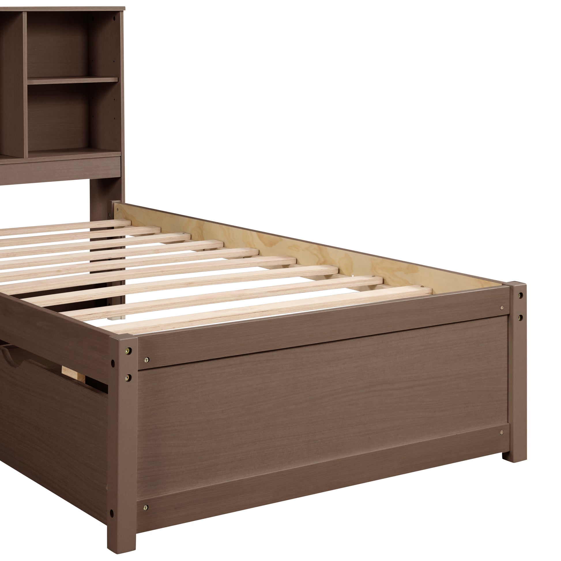 Modern Twin Size Bed Frame With Built In Usb Port On Bookcase Headboard And 2 Drawers For Walnut Color Box Spring Not Required Twin Walnut Bedroom Bed Frame Particle Board