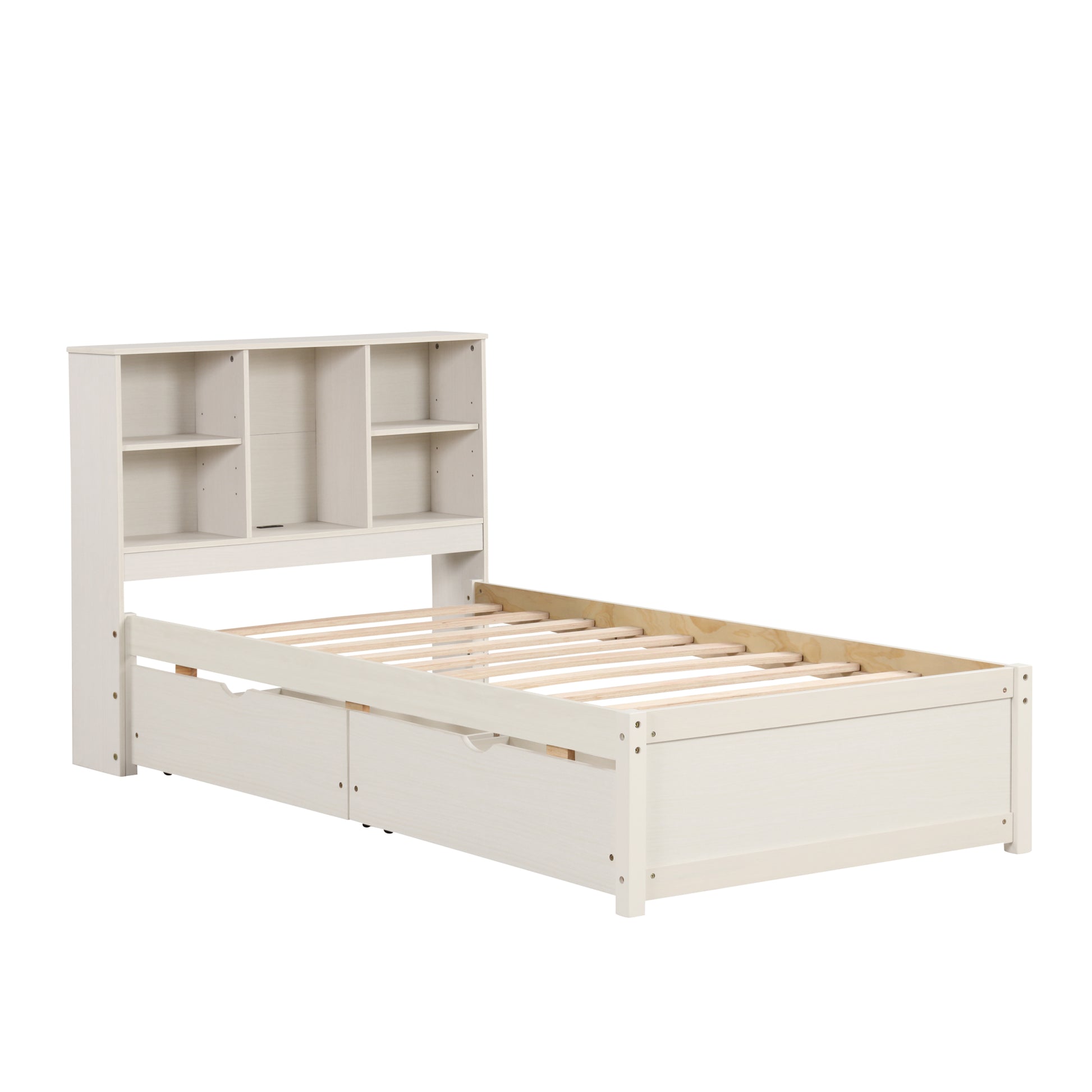 Modern Twin Size Bed Frame With Built In Usb Port On Bookcase Headboard And 2 Drawers For White Washed Color Box Spring Not Required Twin White Washed Bedroom Bed Frame Particle Board