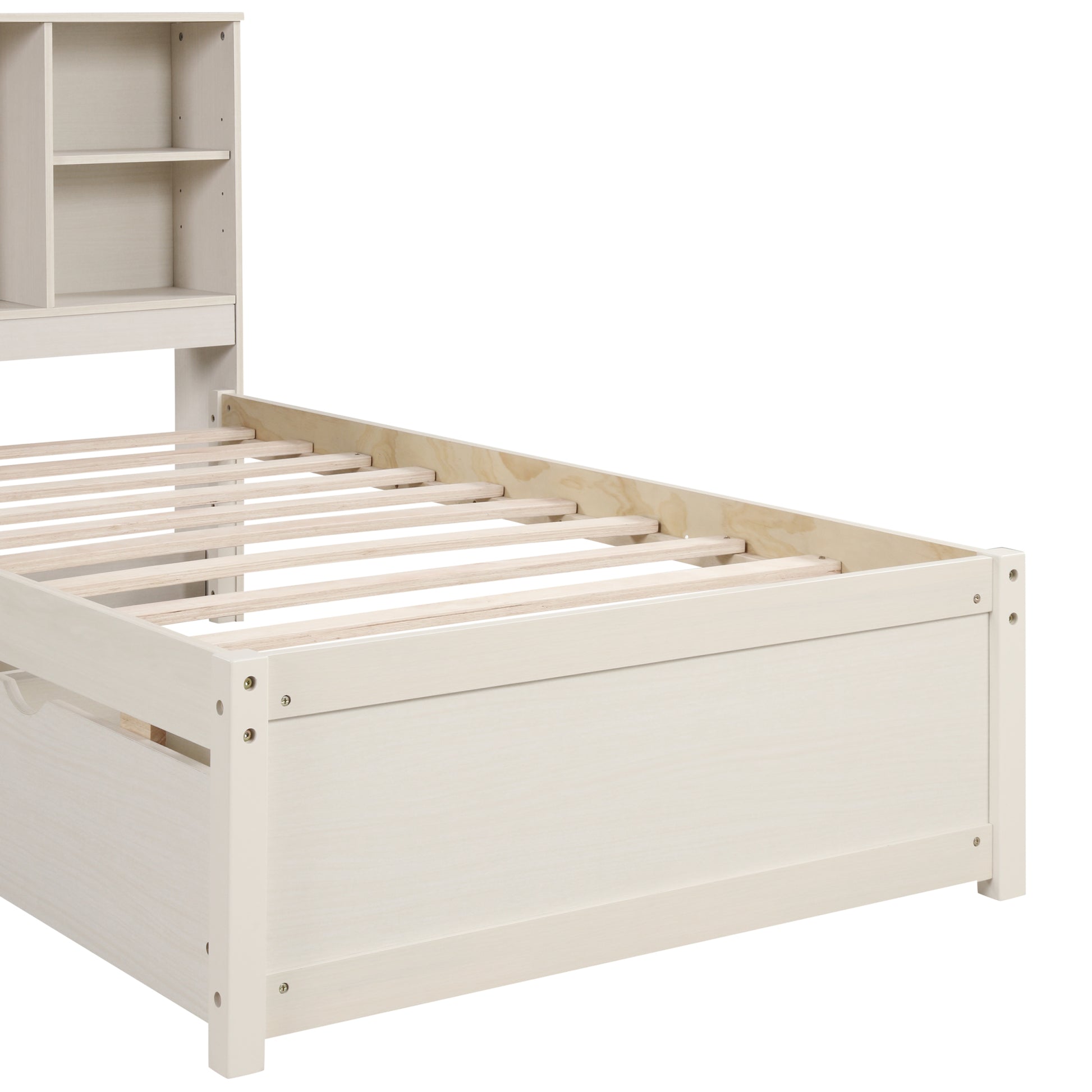 Modern Twin Size Bed Frame With Built In Usb Port On Bookcase Headboard And 2 Drawers For White Washed Color Box Spring Not Required Twin White Washed Bedroom Bed Frame Particle Board