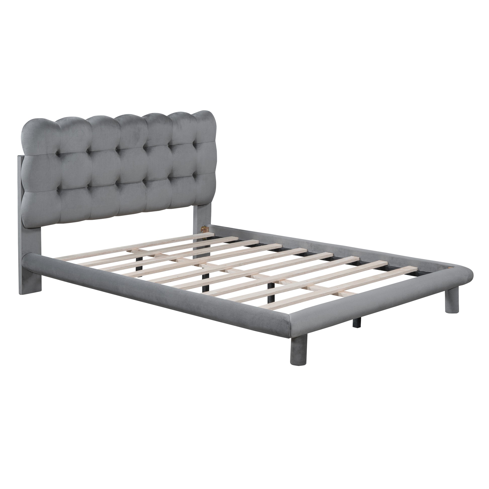 Full Size Velvet Platform Bed With Led Frame, Thick & Soft Fabric And Button Tufted Design Headboard, Gray Gray Velvet