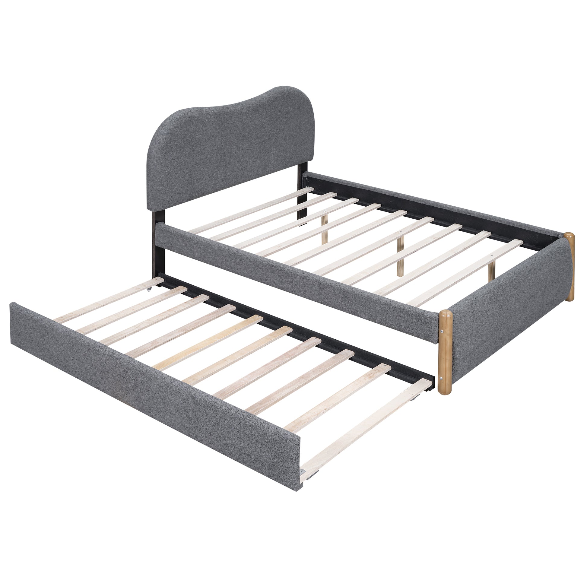 Full Size Upholstered Platform Bed With Wood Supporting Feet And Twin Size Trundle, Gray Box Spring Not Required Full Gray Wood Bedroom Upholstered