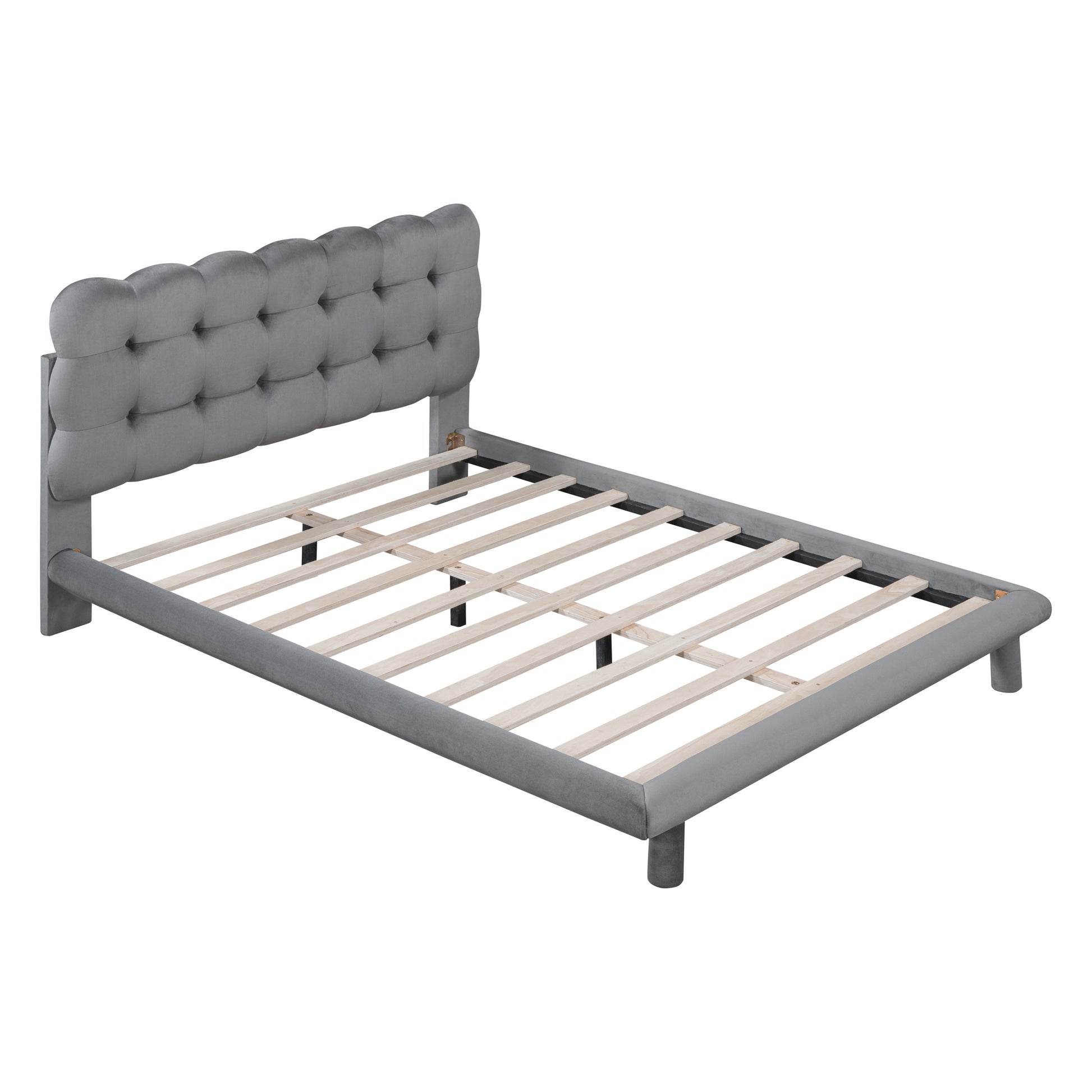 Full Size Velvet Platform Bed With Led Frame, Thick & Soft Fabric And Button Tufted Design Headboard, Gray Gray Velvet