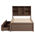 Modern Twin Size Bed Frame With Built In Usb Port On Bookcase Headboard And 2 Drawers For Walnut Color Box Spring Not Required Twin Walnut Bedroom Bed Frame Particle Board