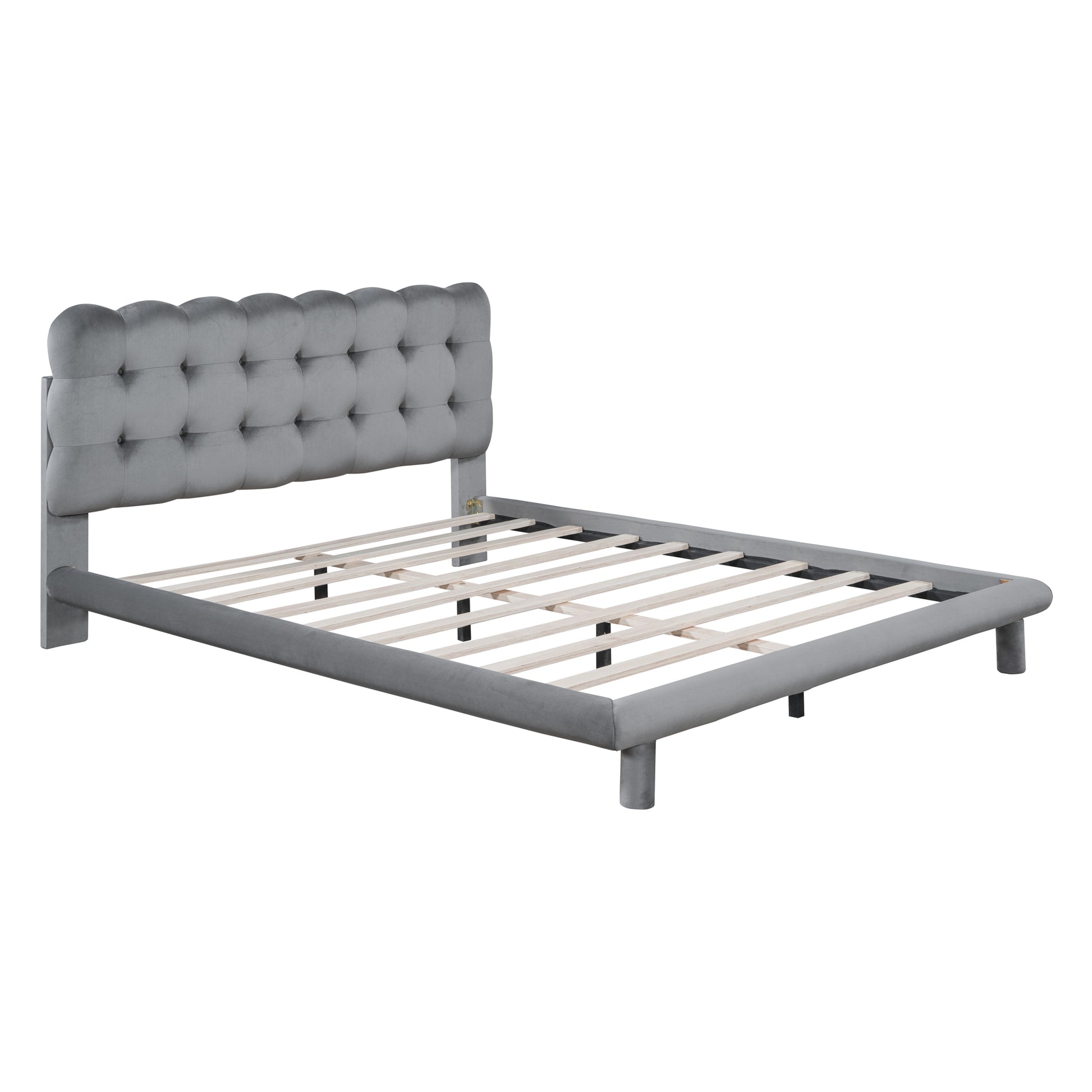Queen Size Velvet Platform Bed With Led Frame, Thick & Soft Fabric And Button Tufted Design Headboard, Gray Gray Velvet