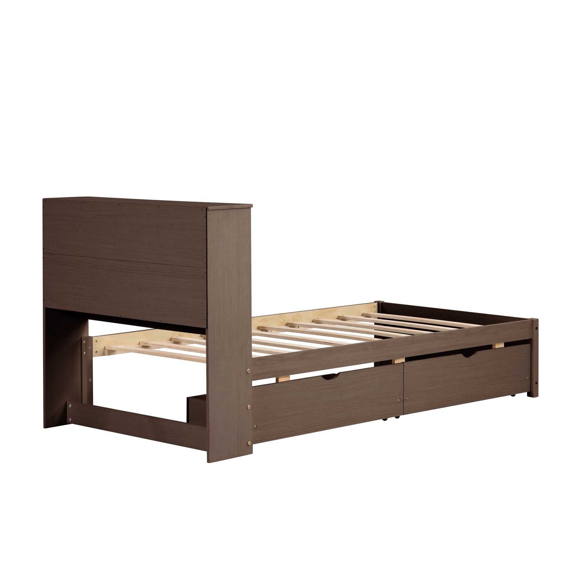 Modern Twin Size Bed Frame With Built In Usb Port On Bookcase Headboard And 2 Drawers For Walnut Color Box Spring Not Required Twin Walnut Bedroom Bed Frame Particle Board