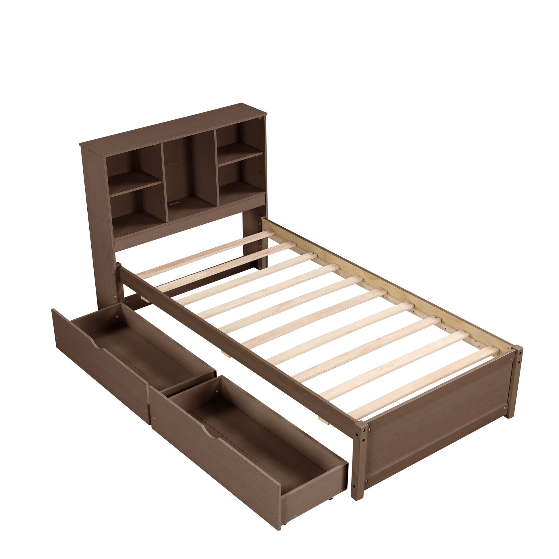 Modern Twin Size Bed Frame With Built In Usb Port On Bookcase Headboard And 2 Drawers For Walnut Color Box Spring Not Required Twin Walnut Bedroom Bed Frame Particle Board