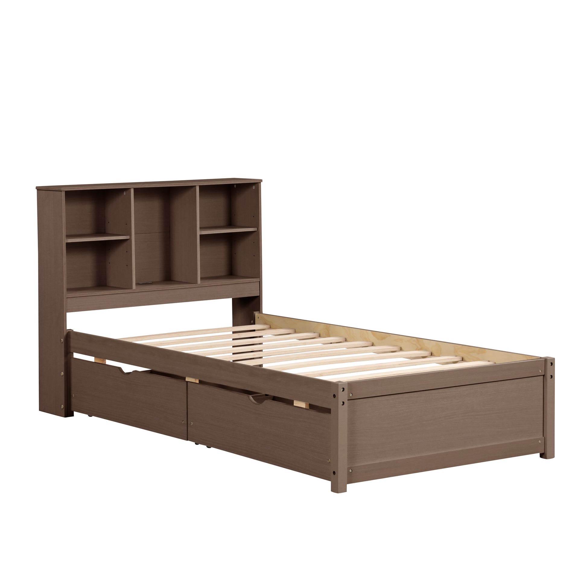 Modern Twin Size Bed Frame With Built In Usb Port On Bookcase Headboard And 2 Drawers For Walnut Color Box Spring Not Required Twin Walnut Bedroom Bed Frame Particle Board