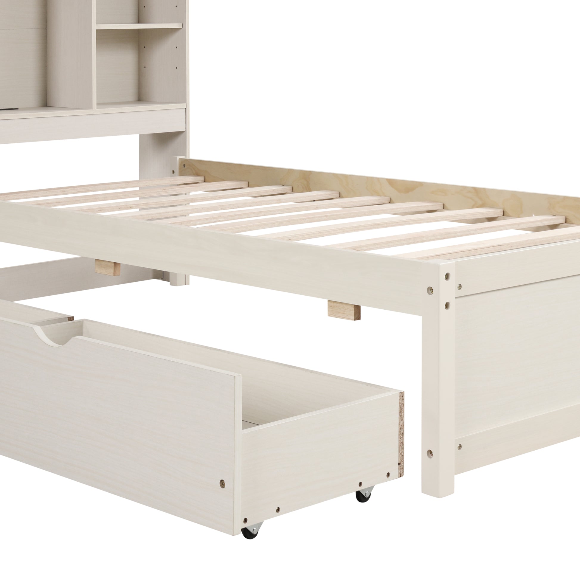 Modern Twin Size Bed Frame With Built In Usb Port On Bookcase Headboard And 2 Drawers For White Washed Color Box Spring Not Required Twin White Washed Bedroom Bed Frame Particle Board
